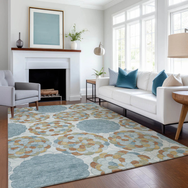 8' X 10' Sky Blue And Orange Floral Washable Indoor Outdoor Area Rug Homeroots Outdoor