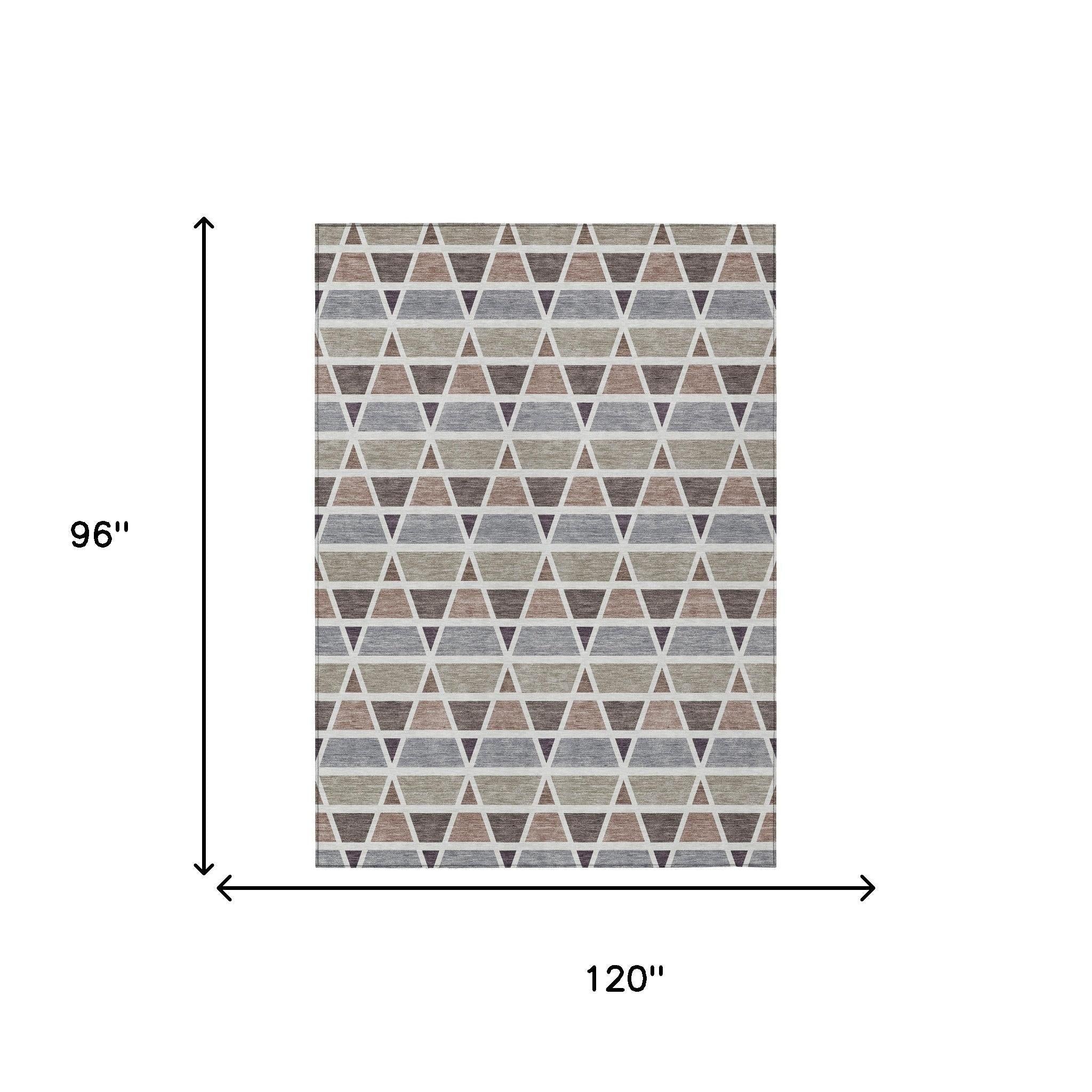 Modern geometric area rug in gray, beige, and white, featuring a triangle pattern. Size: 96"x120".