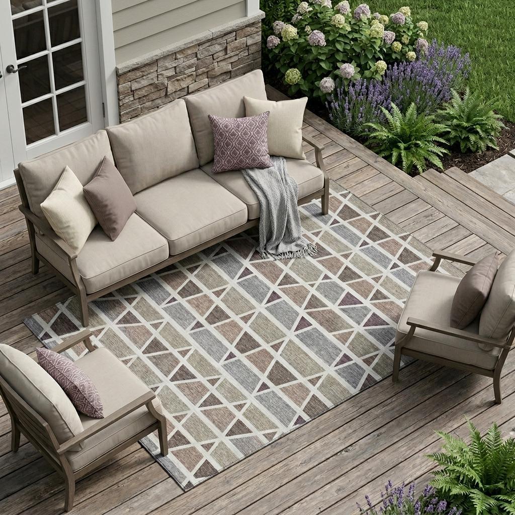 Beige outdoor sectional sofa with decorative pillows, gray geometric rug, and plush armchairs on a wooden patio.