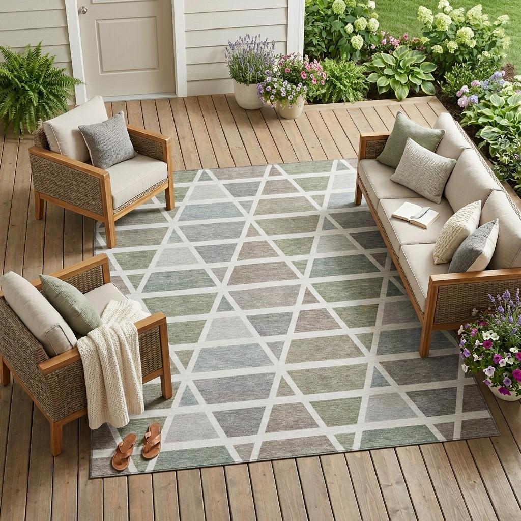 Geometric outdoor area rug in soft gray, green, and cream; perfect for patios and decks with a modern touch.