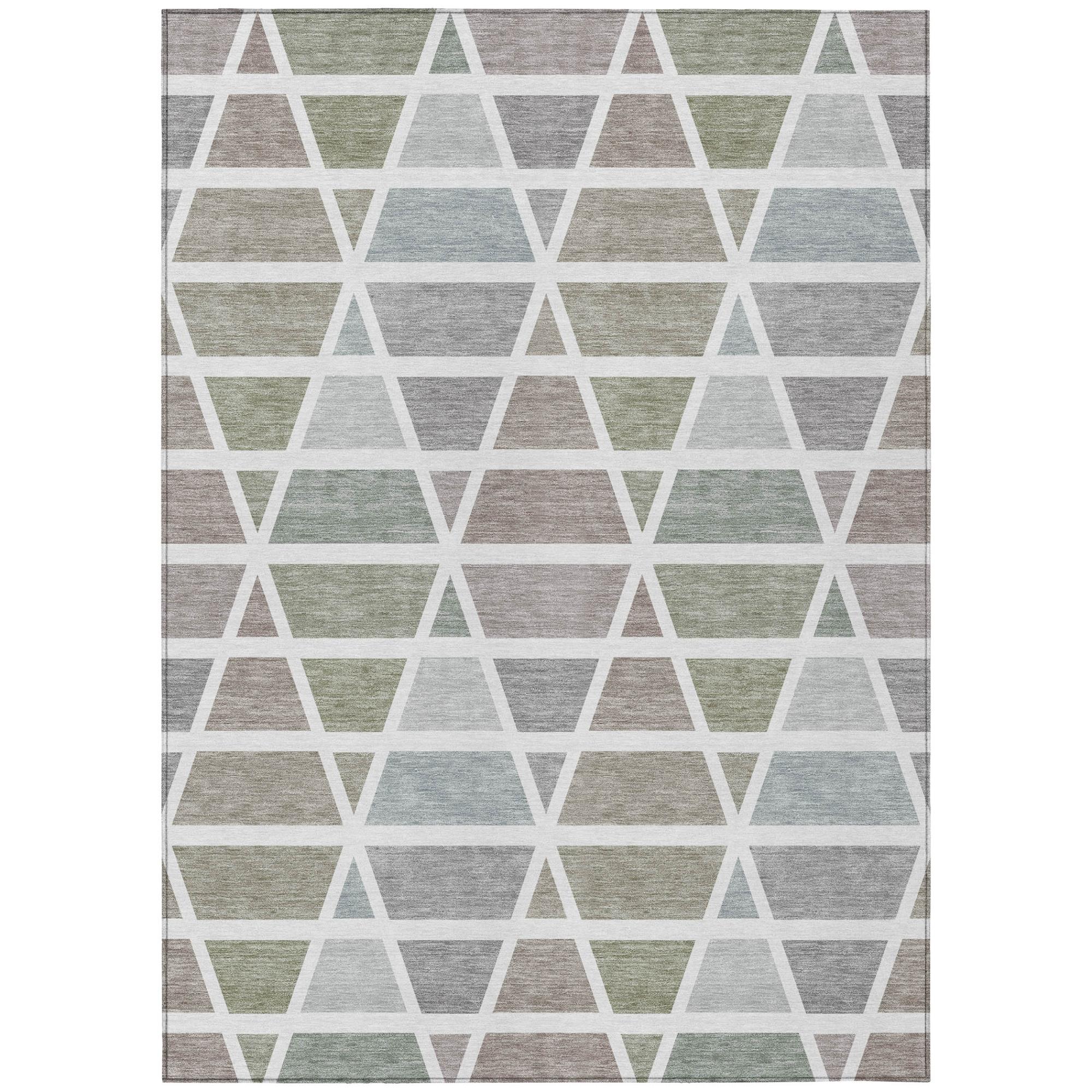 Geometric triangle area rug in soft gray, green, and beige hues, perfect for modern home decor.