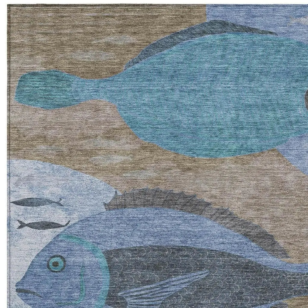 8' X 10' Taupe And Denim Blue Tropical Fish Washable Indoor Outdoor Area Rug Homeroots Outdoor