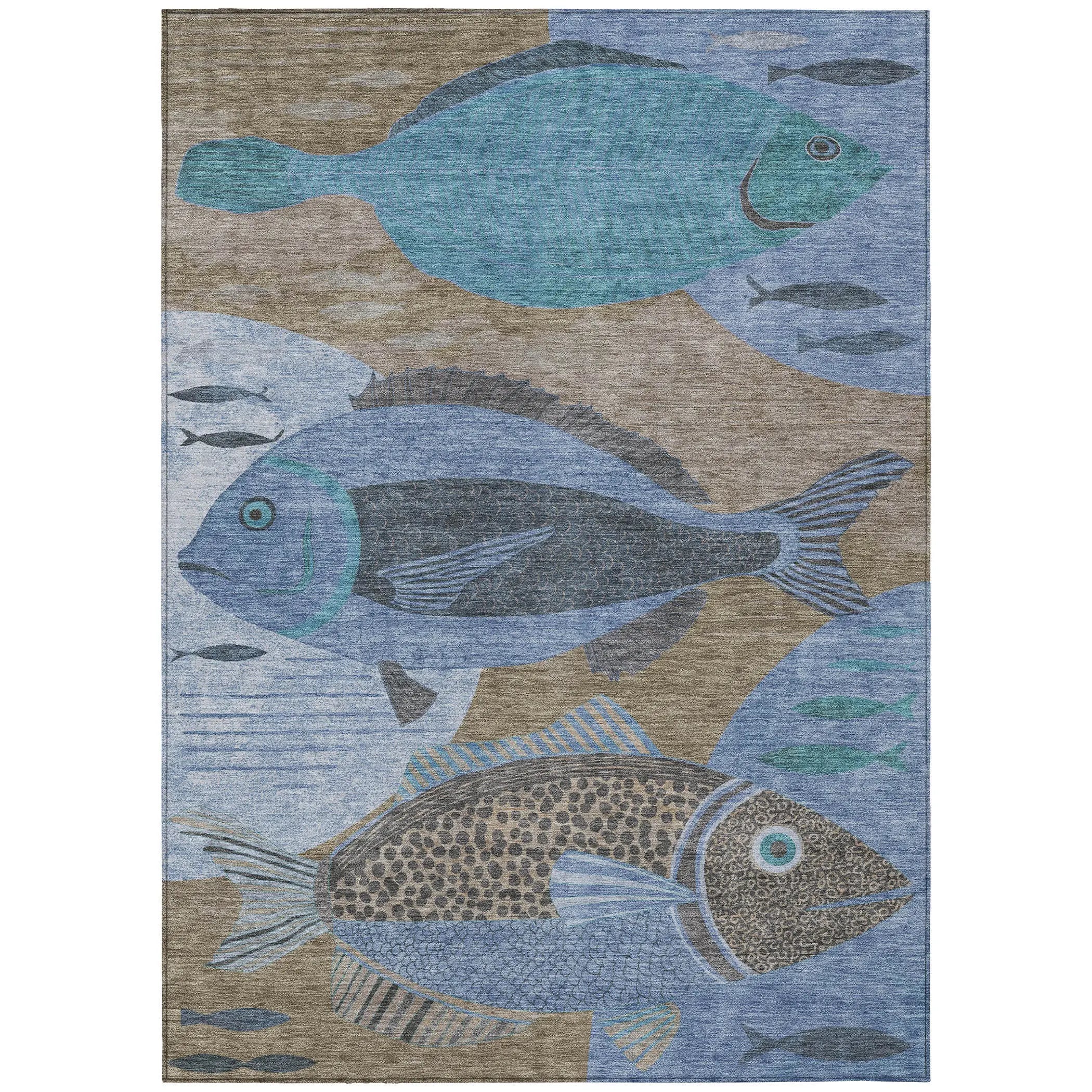 8' X 10' Taupe And Denim Blue Tropical Fish Washable Indoor Outdoor Area Rug Homeroots Outdoor