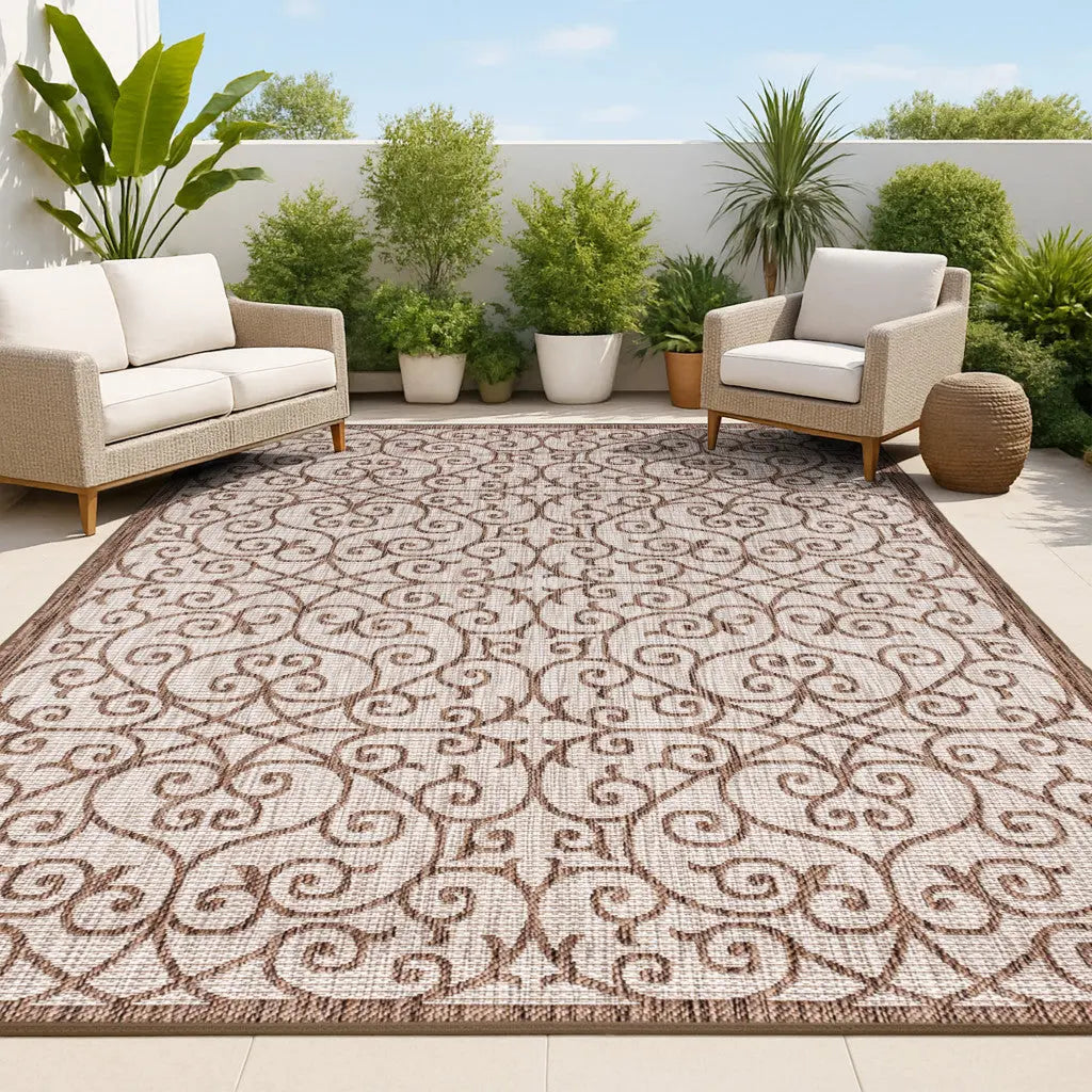 8' X 10' Taupe And Espresso Geometric Indoor Outdoor Area Rug Homeroots Outdoor