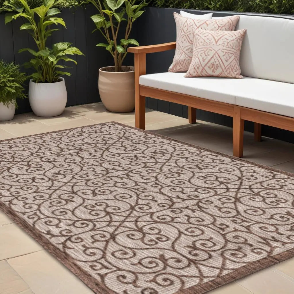 8' X 10' Taupe And Espresso Geometric Indoor Outdoor Area Rug Homeroots Outdoor