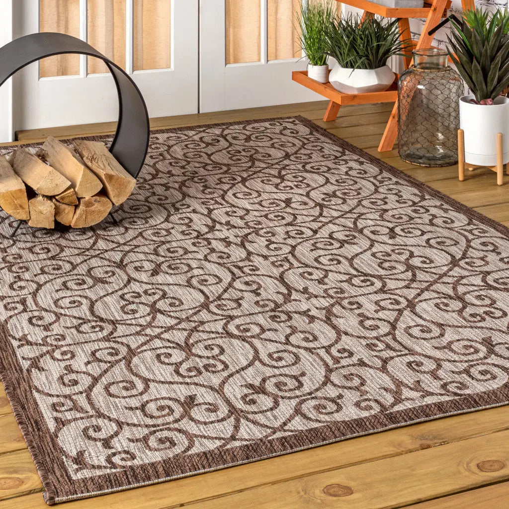 8' X 10' Taupe And Espresso Geometric Indoor Outdoor Area Rug Homeroots Outdoor
