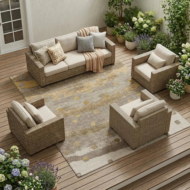 8' X 10' Taupe And Gold Striped Washable Indoor Outdoor Area Rug Homeroots Outdoor