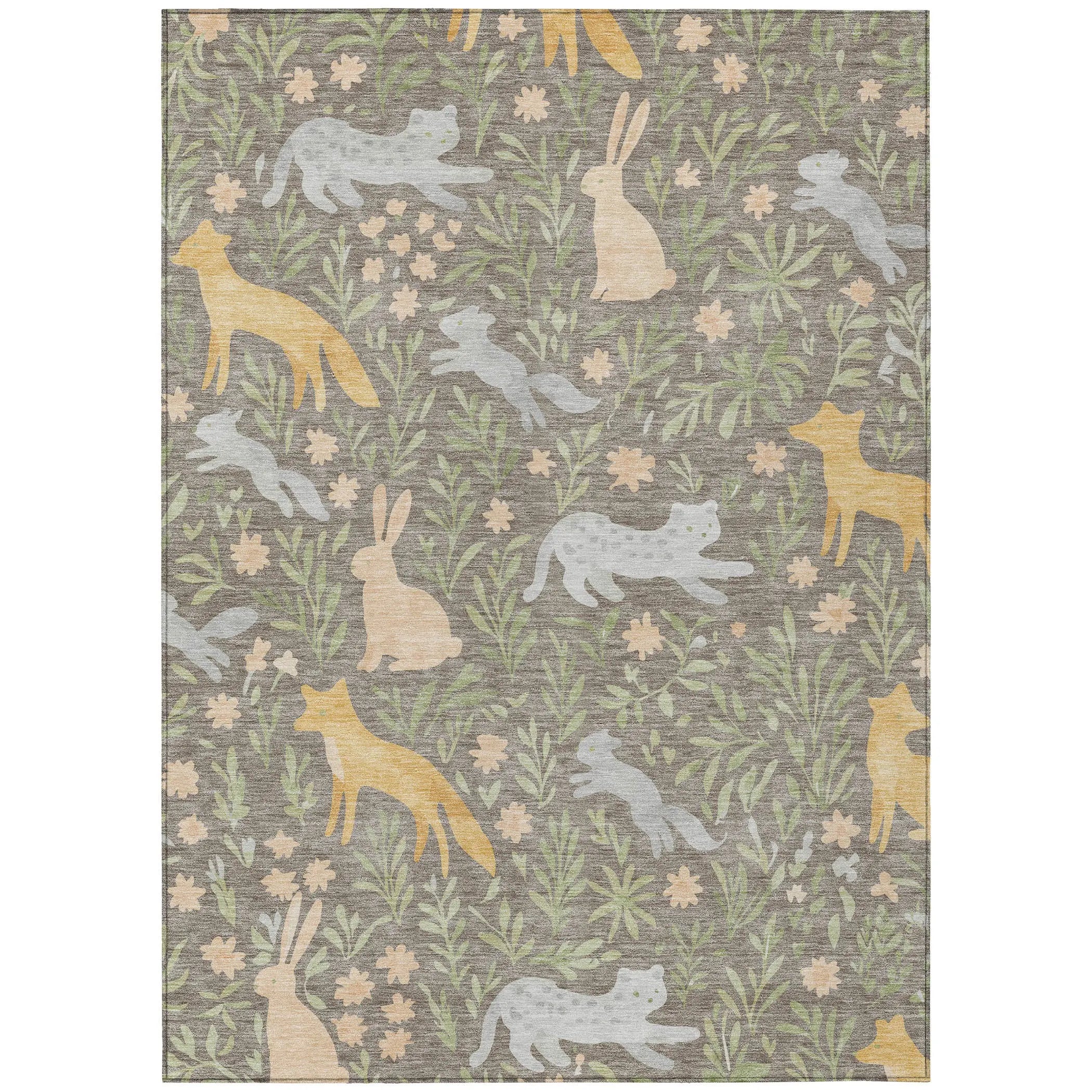 8' X 10' Taupe And Green Forest Animals And Botanical Leaves Washable Area Rug Homeroots Outdoor