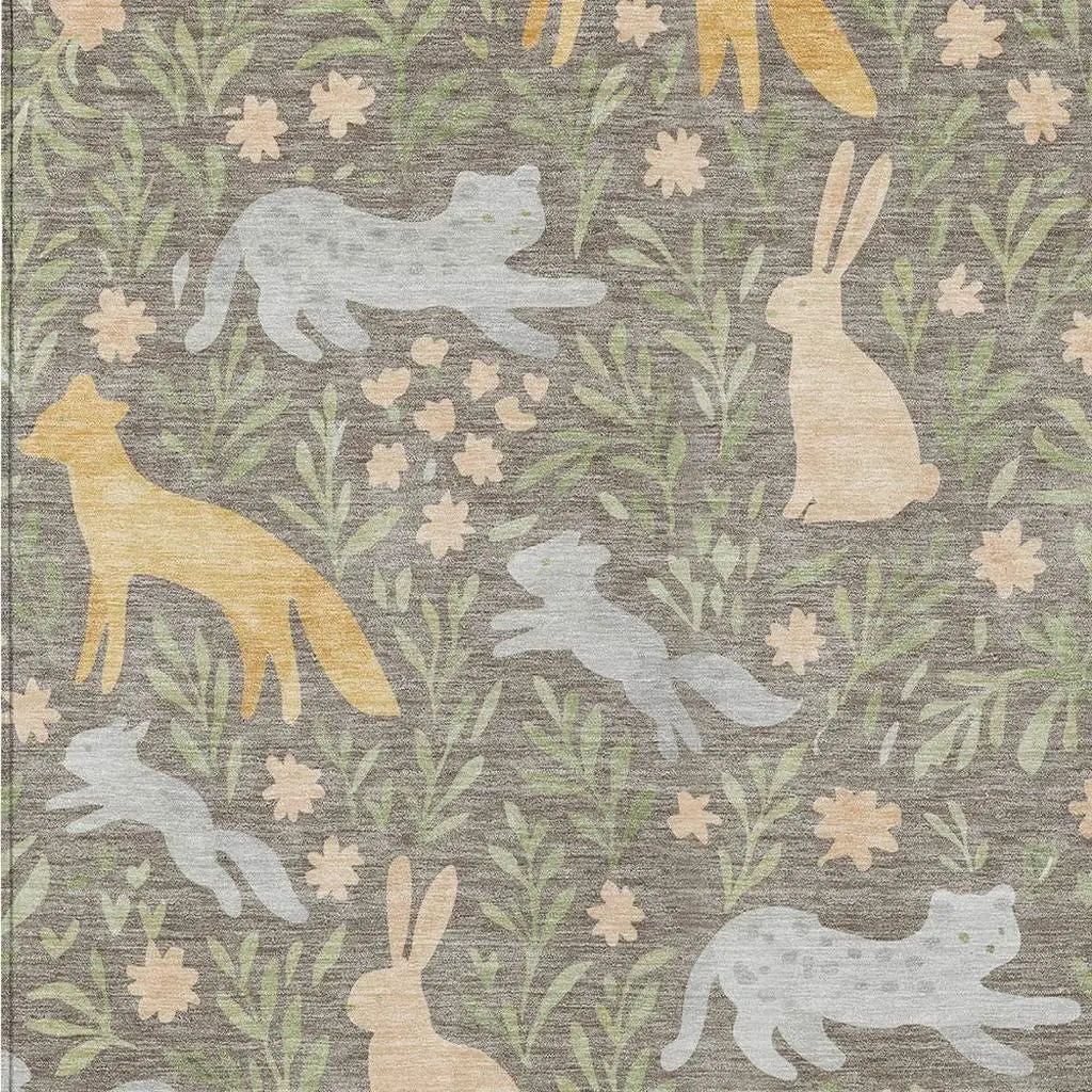 8' X 10' Taupe And Green Forest Animals And Botanical Leaves Washable Area Rug Homeroots Outdoor