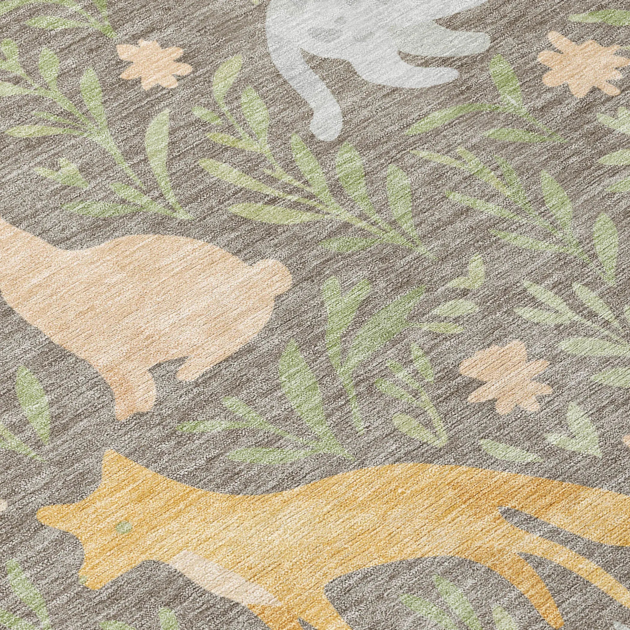 8' X 10' Taupe And Green Forest Animals And Botanical Leaves Washable Area Rug Homeroots Outdoor
