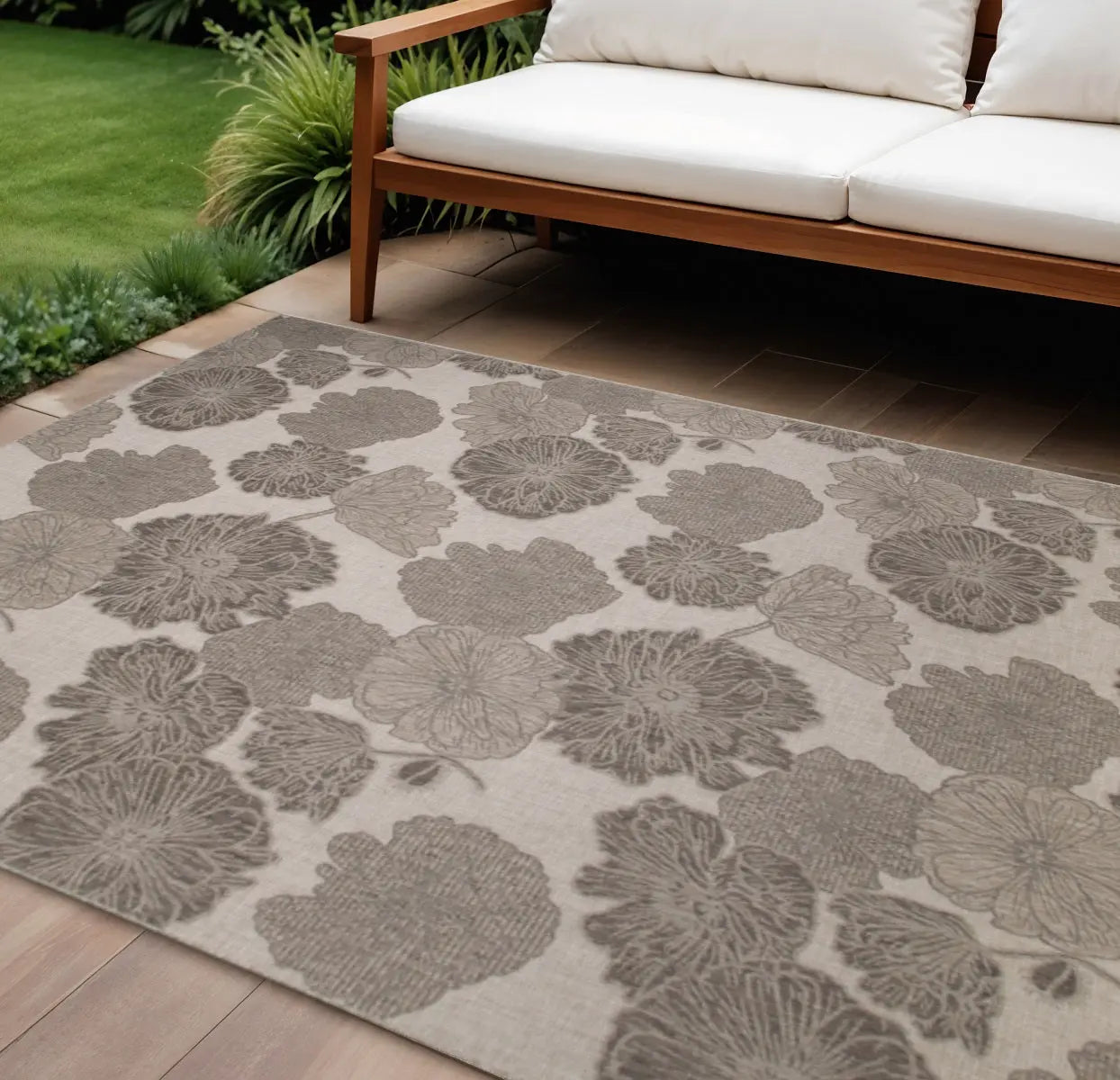 8' X 10' Taupe And Ivory Floral Indoor Outdoor Area Rug Homeroots Outdoor