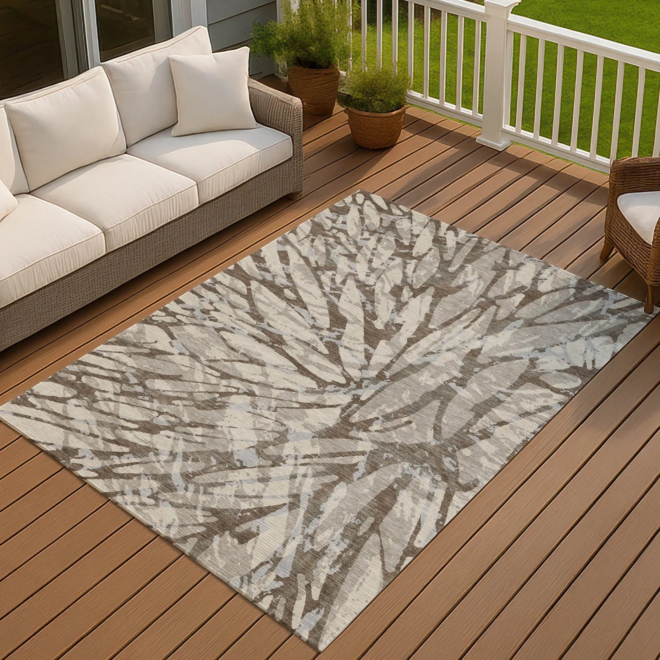 8' X 10' Taupe And Teal Blue Abstract Washable Indoor Outdoor Area Rug Homeroots Outdoor