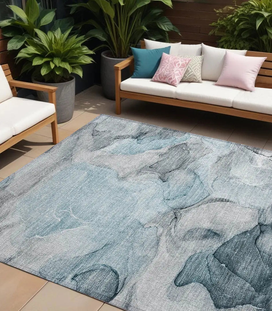 8' X 10' Teal Abstract Washable Non Skid Indoor Outdoor Area Rug Homeroots Outdoor