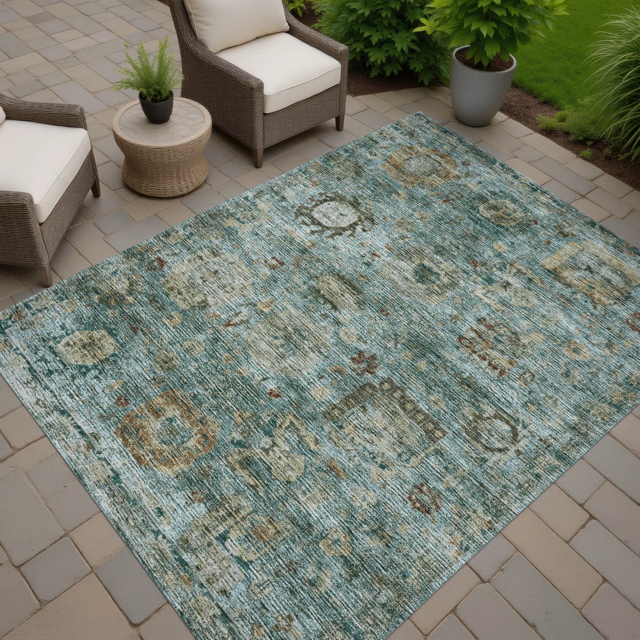 8' X 10' Teal Blue And Aqua Abstract Washable Indoor Outdoor Area Rug Homeroots Outdoor