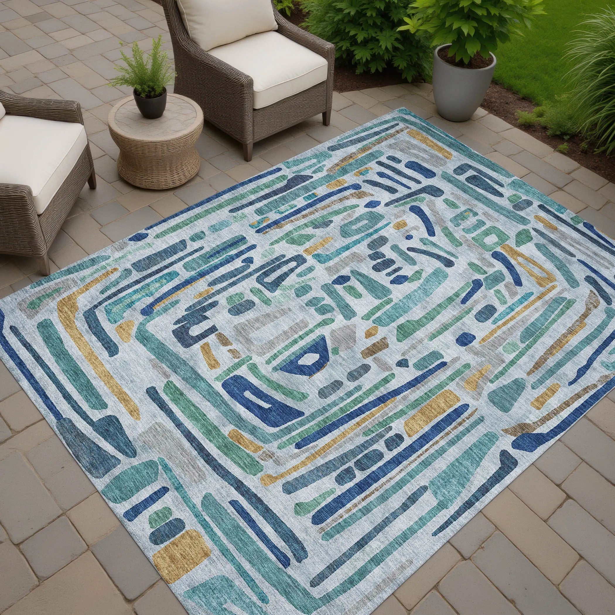 8' X 10' Teal Blue And Aqua Abstract Washable Indoor Outdoor Area Rug Homeroots Outdoor