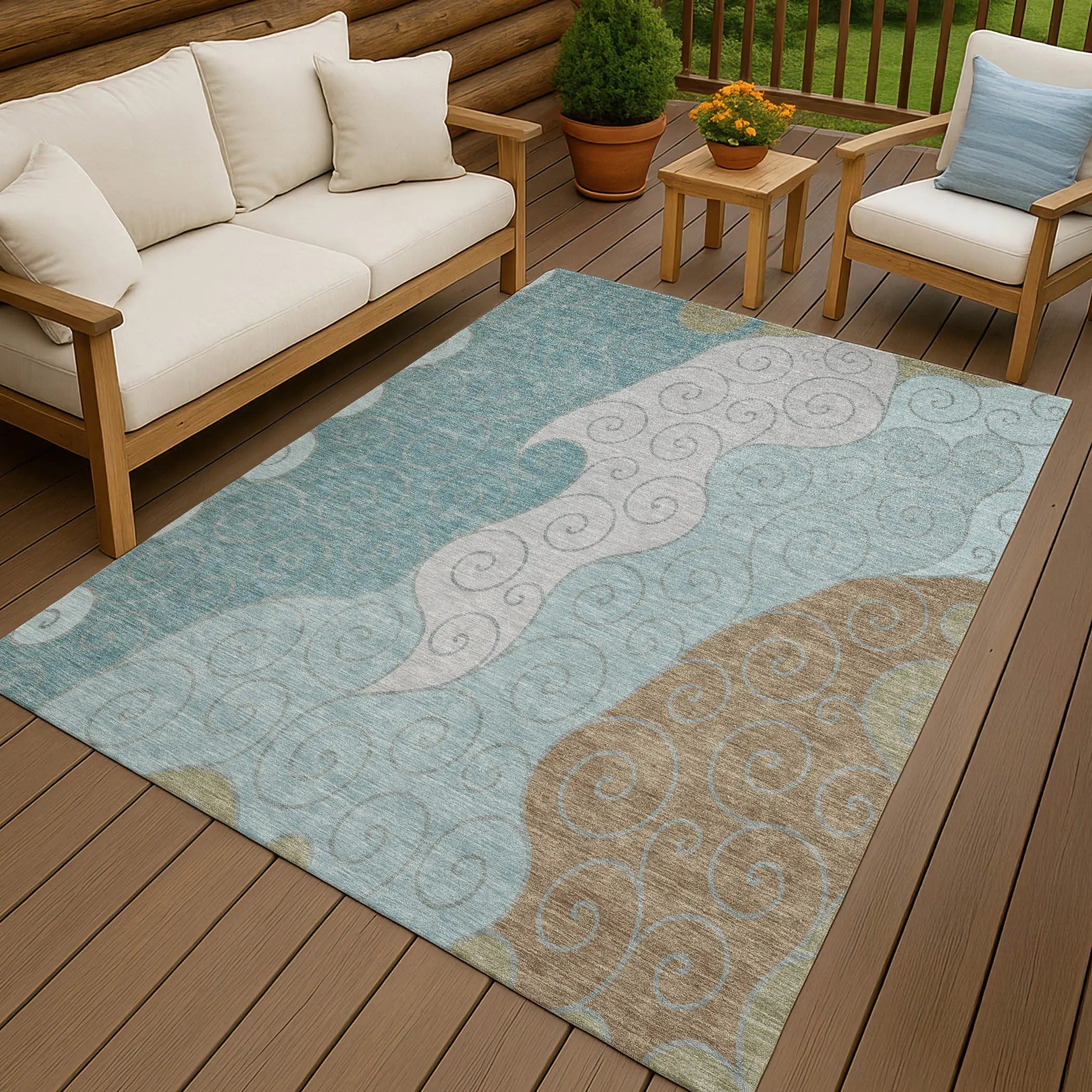 8' X 10' Teal Blue And Aqua Abstract Washable Indoor Outdoor Area Rug Homeroots Outdoor