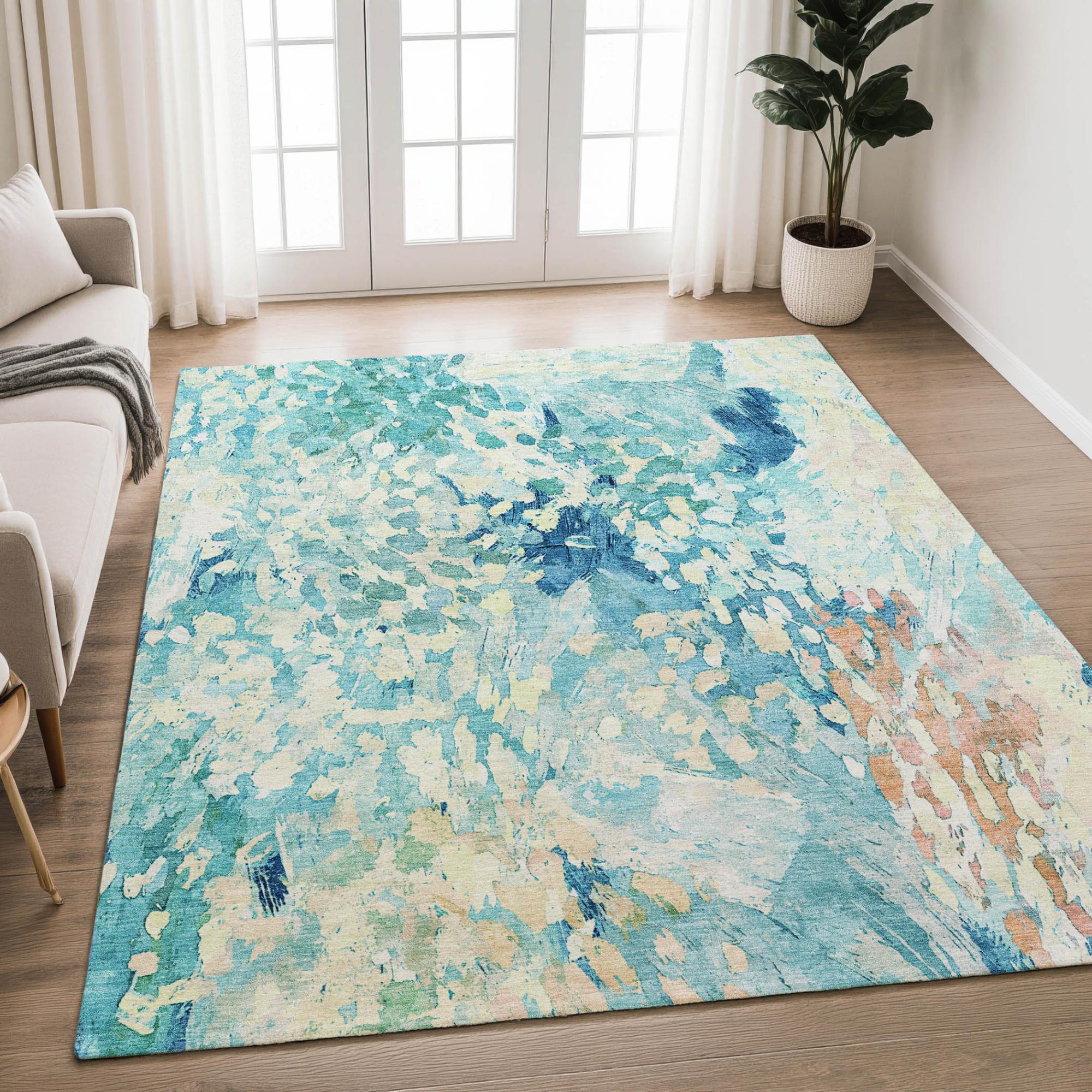8' X 10' Teal Blue And Aqua Abstract Washable Indoor Outdoor Area Rug Homeroots Outdoor