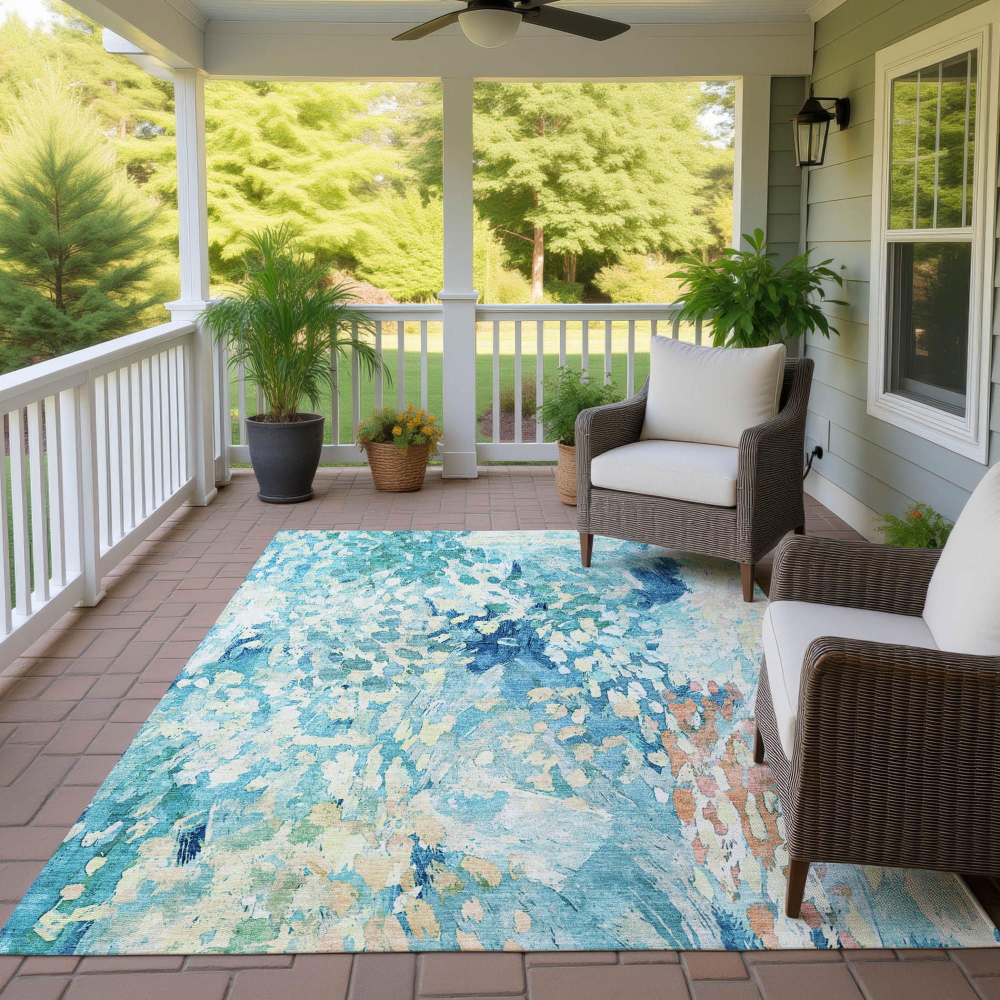8' X 10' Teal Blue And Aqua Abstract Washable Indoor Outdoor Area Rug Homeroots Outdoor