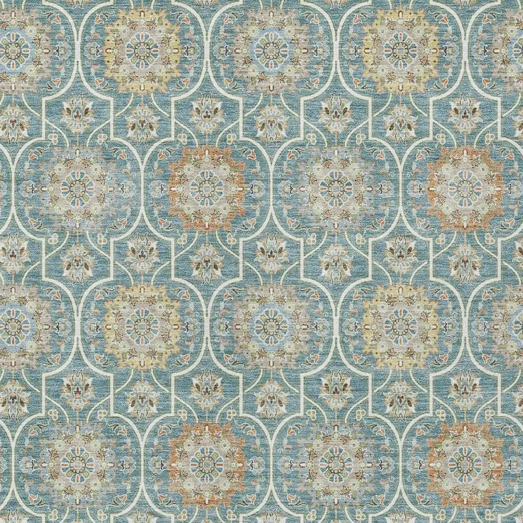 8' X 10' Teal Blue And Beige Floral Medallion Washable Indoor Outdoor Area Rug Homeroots Outdoor