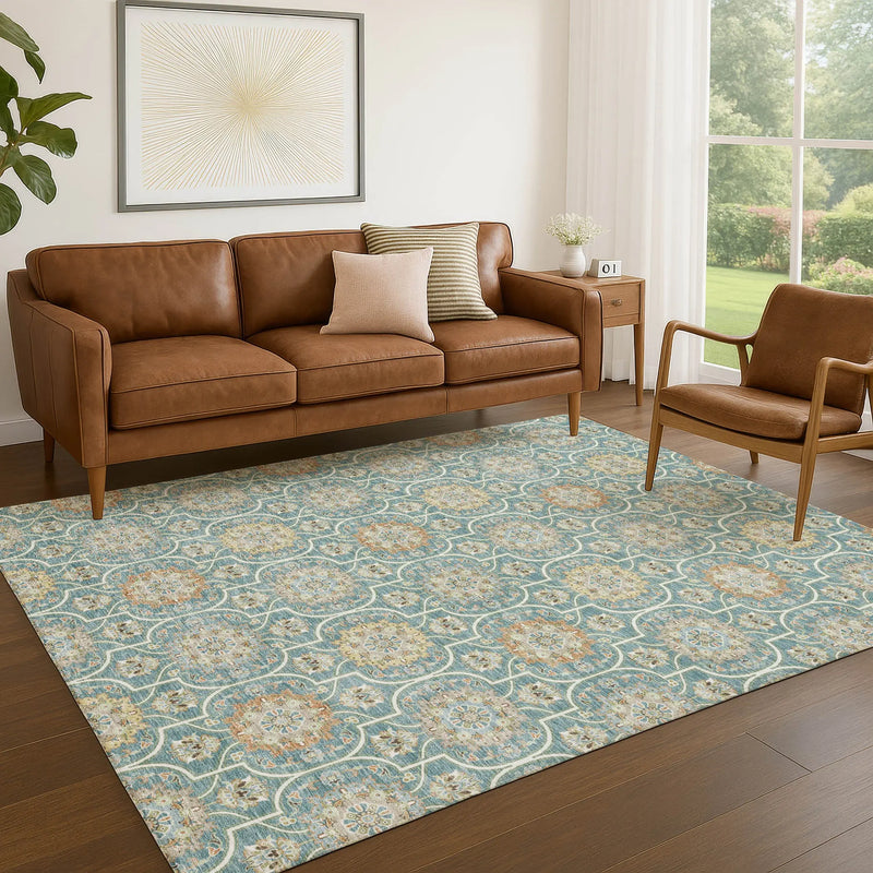 8' X 10' Teal Blue And Beige Floral Medallion Washable Indoor Outdoor Area Rug Homeroots Outdoor