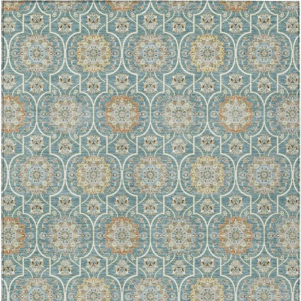 8' X 10' Teal Blue And Beige Floral Medallion Washable Indoor Outdoor Area Rug Homeroots Outdoor