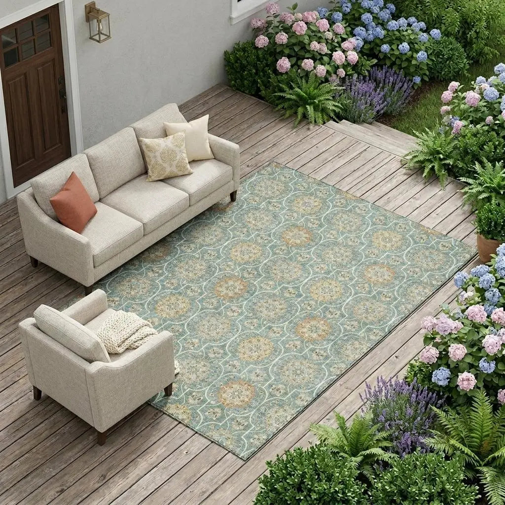 8' X 10' Teal Blue And Beige Floral Medallion Washable Indoor Outdoor Area Rug Homeroots Outdoor