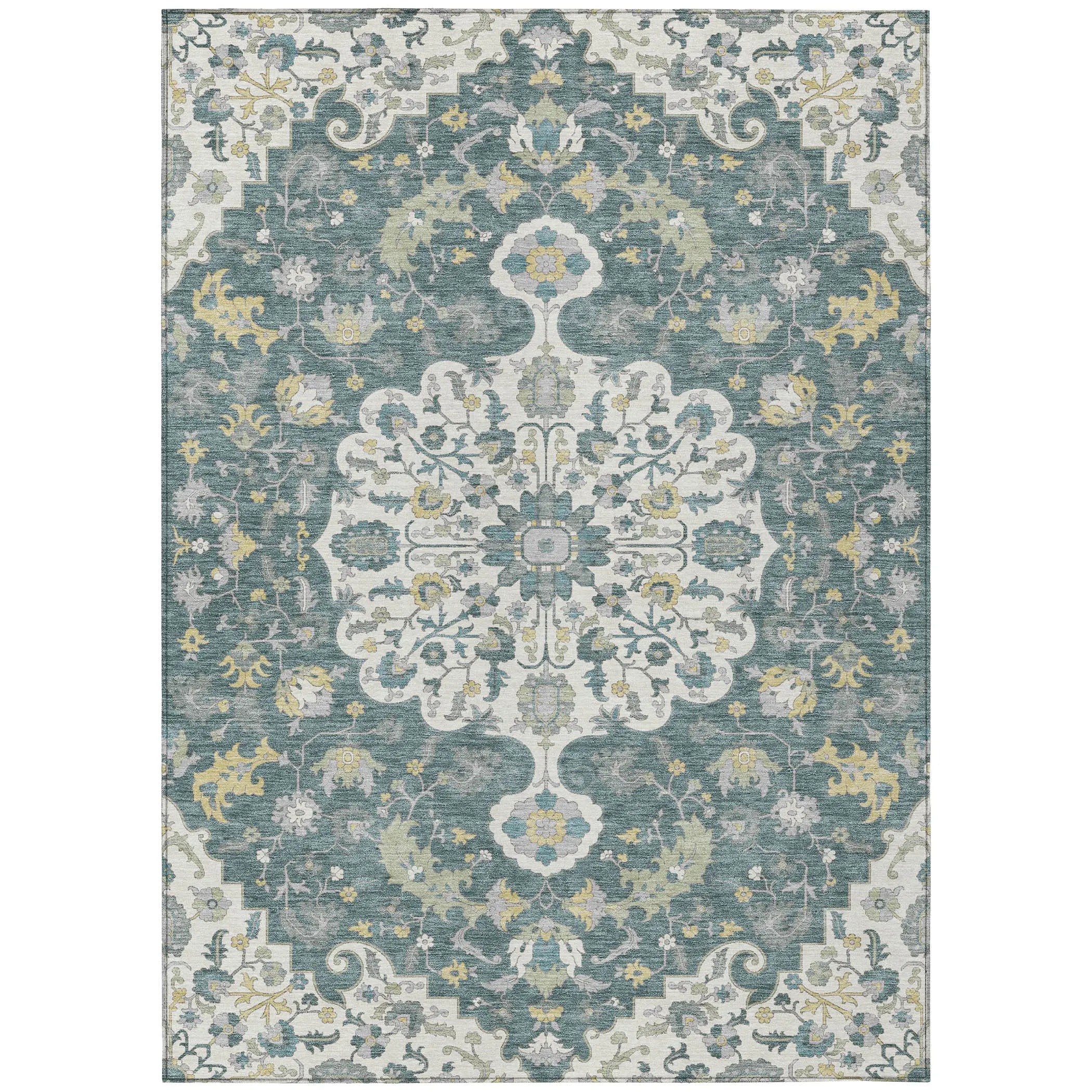 8' X 10' Teal Blue And Beige Floral Medallion Washable Indoor Outdoor Area Rug Homeroots Outdoor