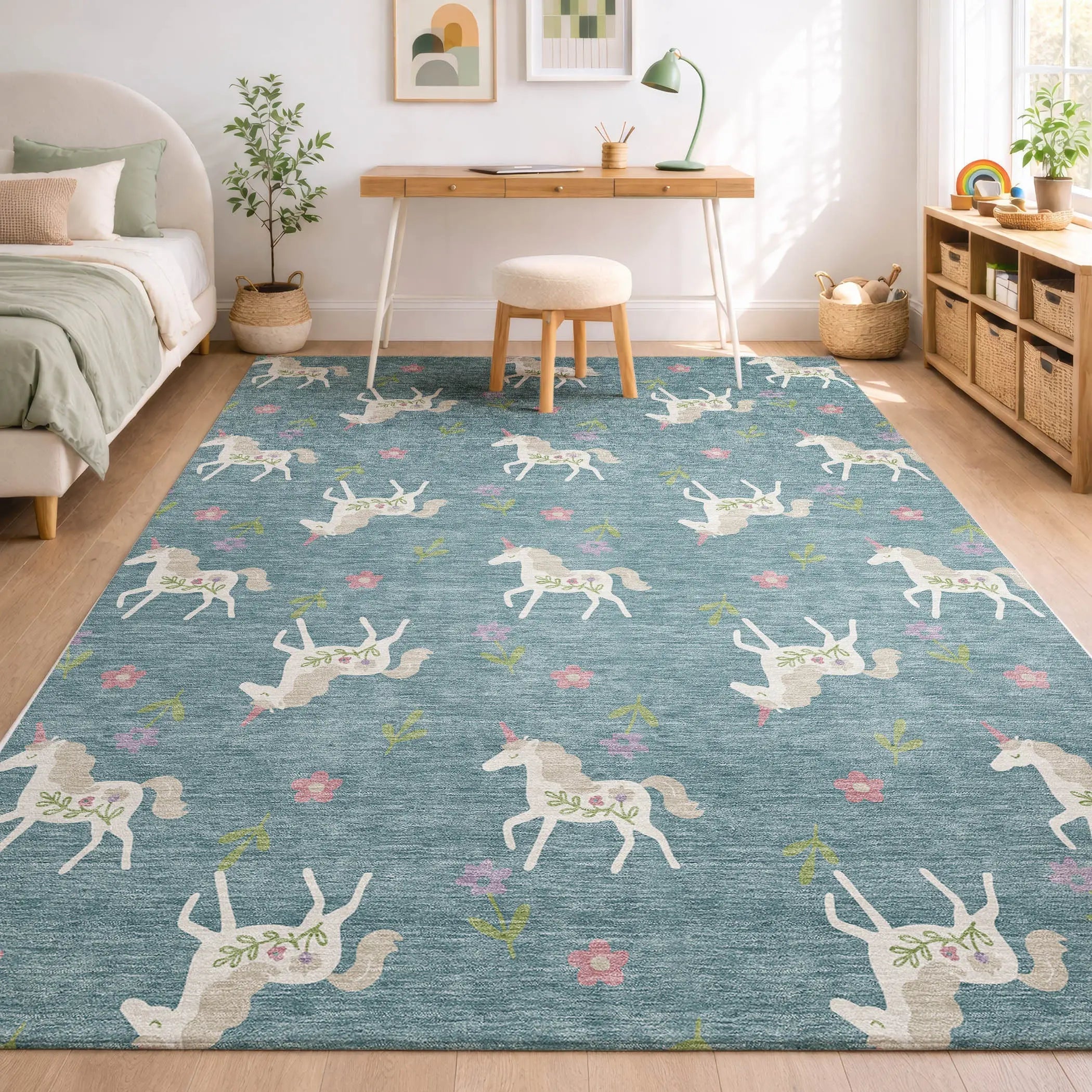 8' X 10' Teal Blue And Beige Floral Washable Indoor Outdoor Area Rug Homeroots Outdoor