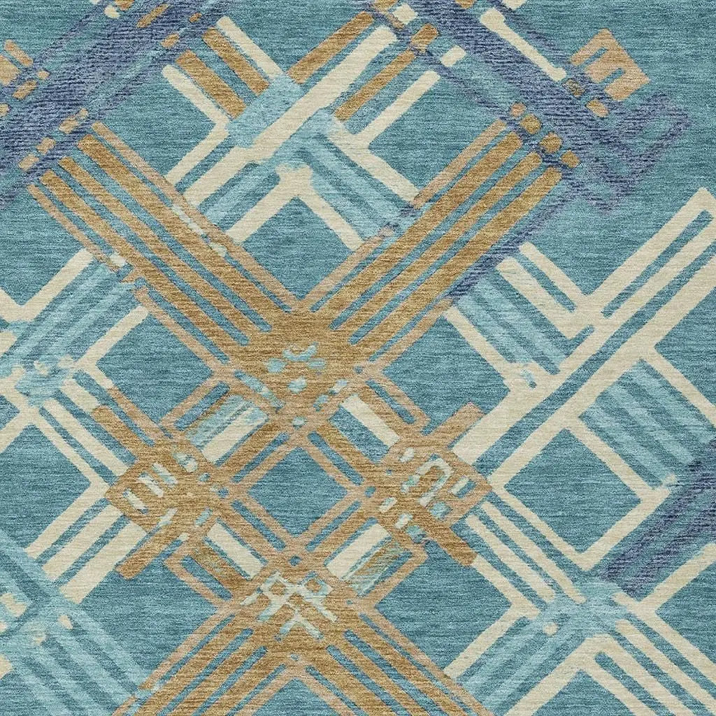 8' X 10' Teal Blue And Beige Geometric Washable Indoor Outdoor Area Rug Homeroots Outdoor