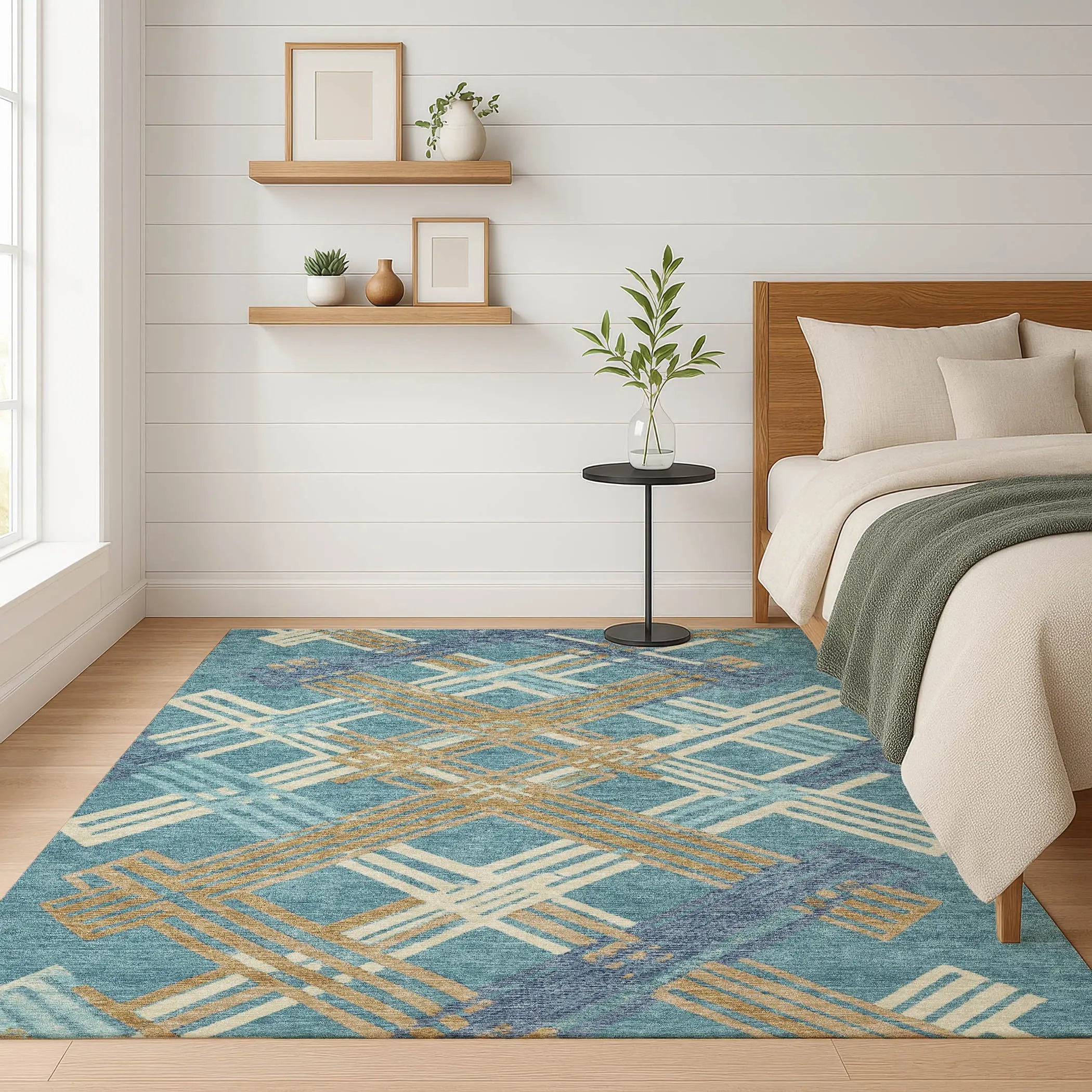 8' X 10' Teal Blue And Beige Geometric Washable Indoor Outdoor Area Rug Homeroots Outdoor