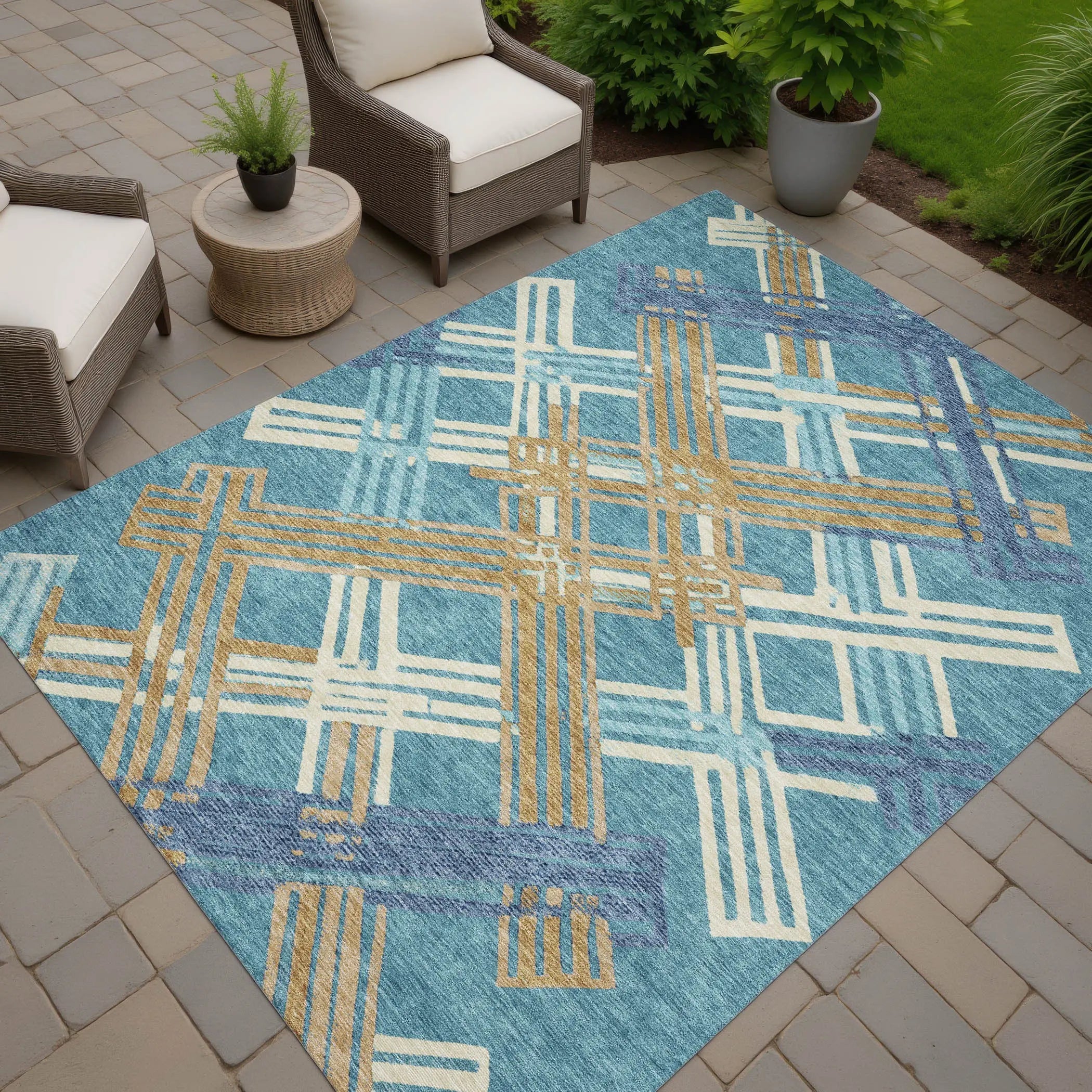8' X 10' Teal Blue And Beige Geometric Washable Indoor Outdoor Area Rug Homeroots Outdoor