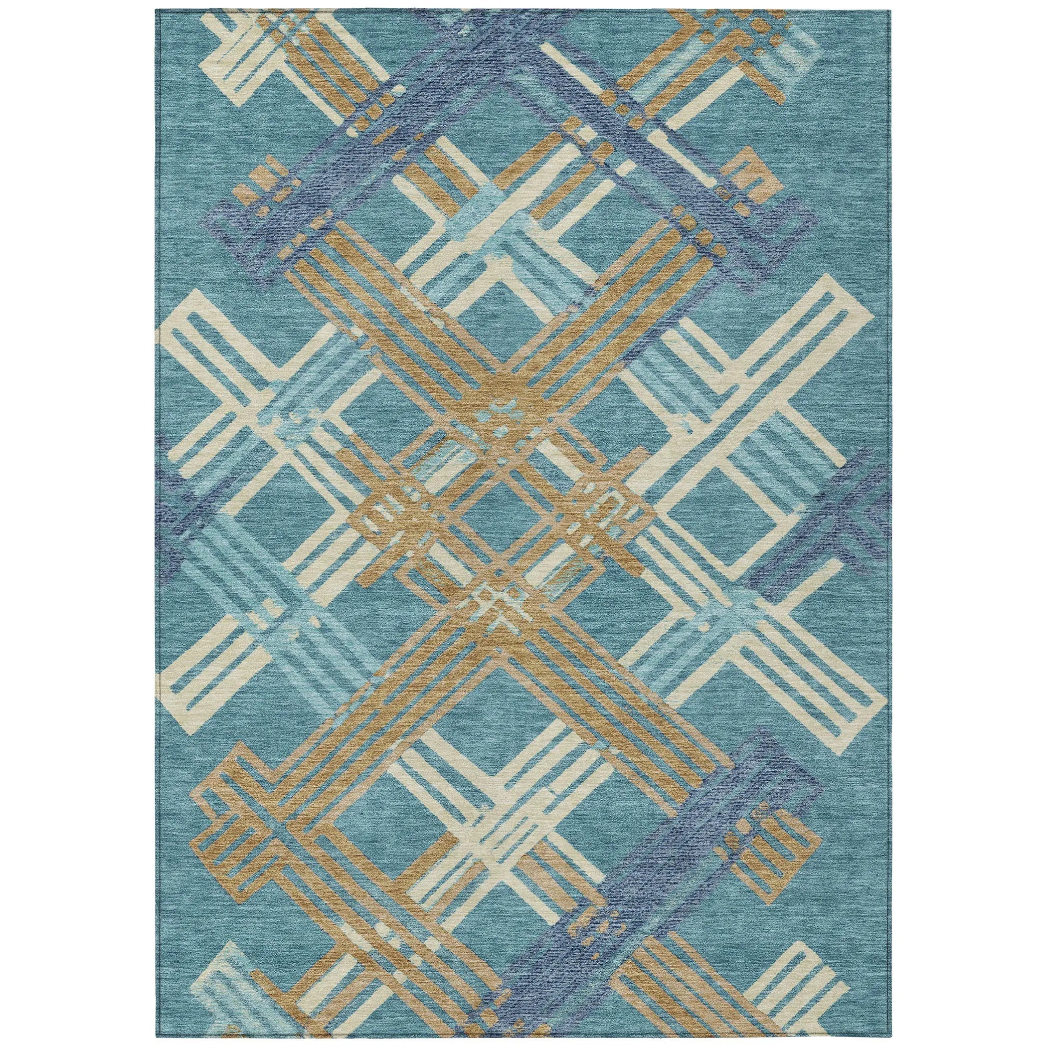 8' X 10' Teal Blue And Beige Geometric Washable Indoor Outdoor Area Rug Homeroots Outdoor