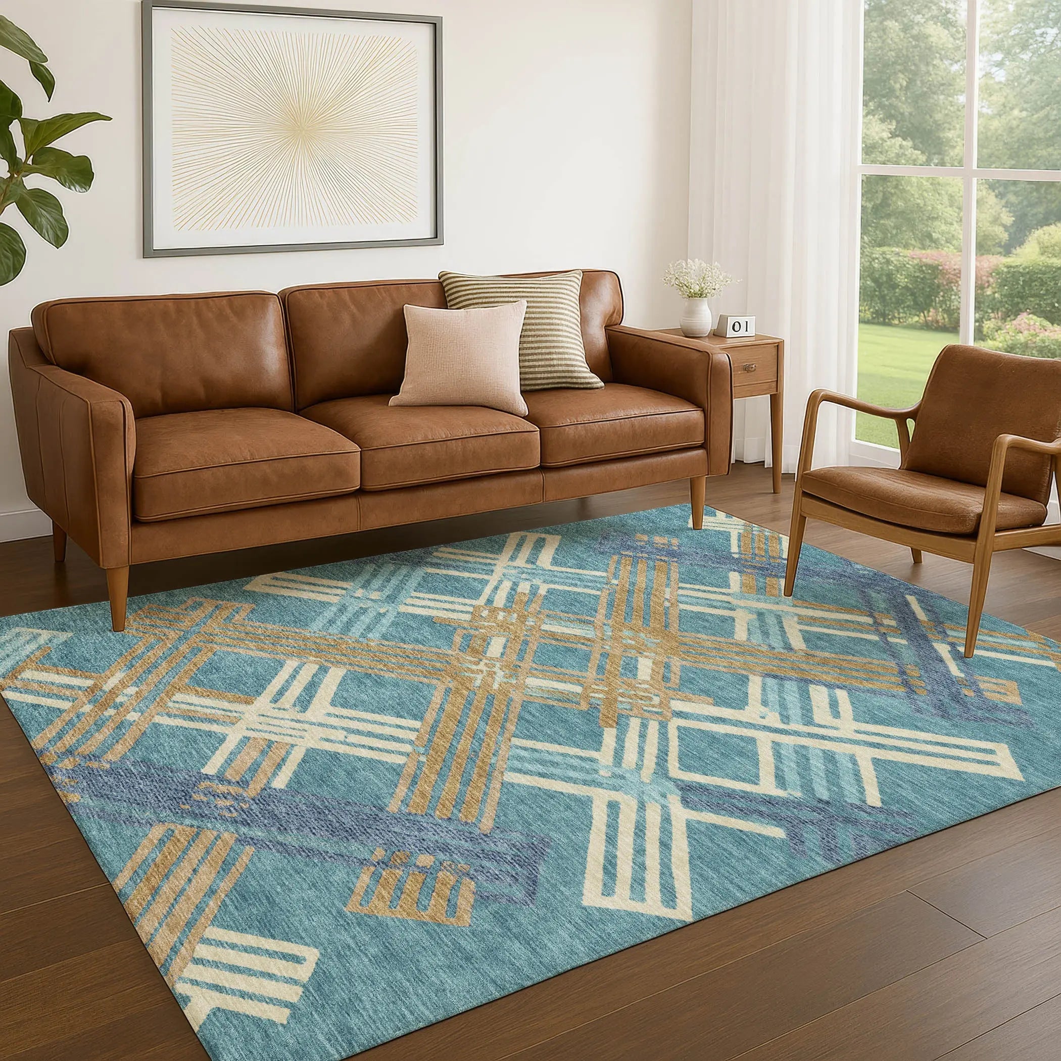 8' X 10' Teal Blue And Beige Geometric Washable Indoor Outdoor Area Rug Homeroots Outdoor