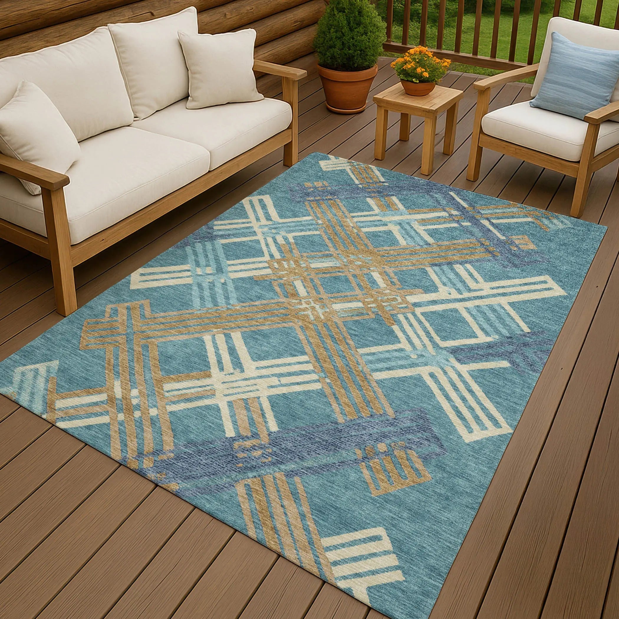 8' X 10' Teal Blue And Beige Geometric Washable Indoor Outdoor Area Rug Homeroots Outdoor