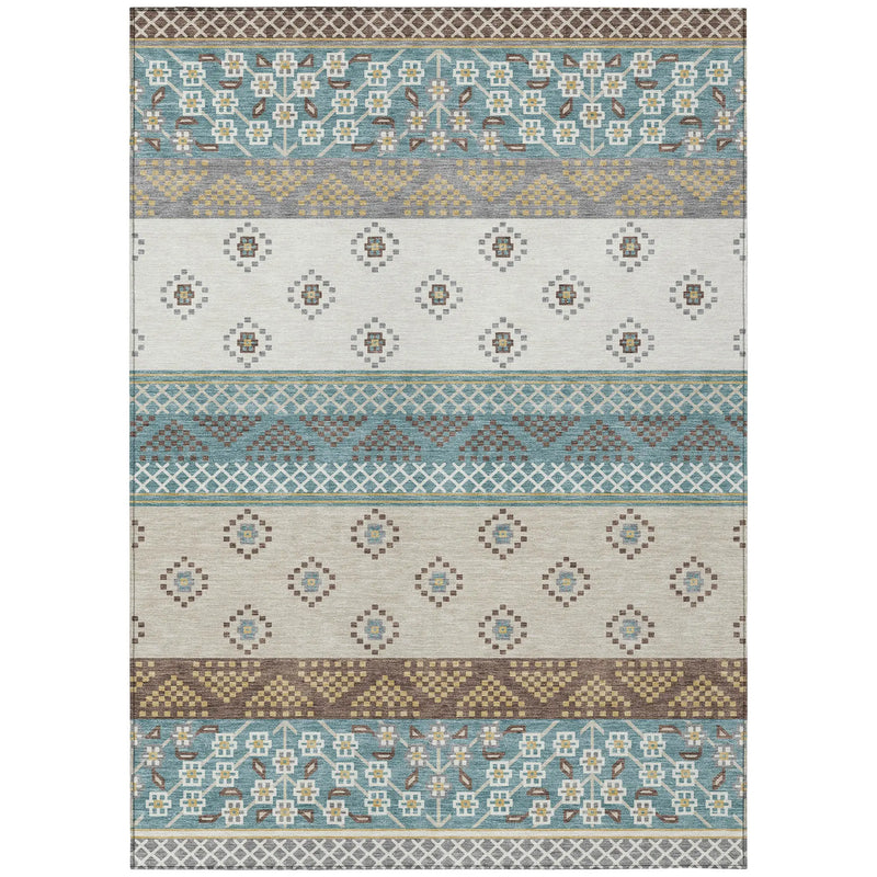 8' X 10' Teal Blue And Beige Striped Washable Indoor Outdoor Area Rug Homeroots Outdoor