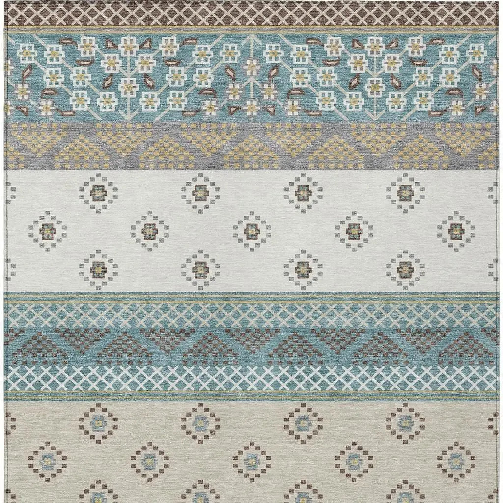 8' X 10' Teal Blue And Beige Striped Washable Indoor Outdoor Area Rug Homeroots Outdoor