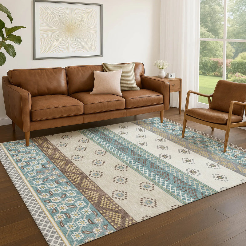 8' X 10' Teal Blue And Beige Striped Washable Indoor Outdoor Area Rug Homeroots Outdoor