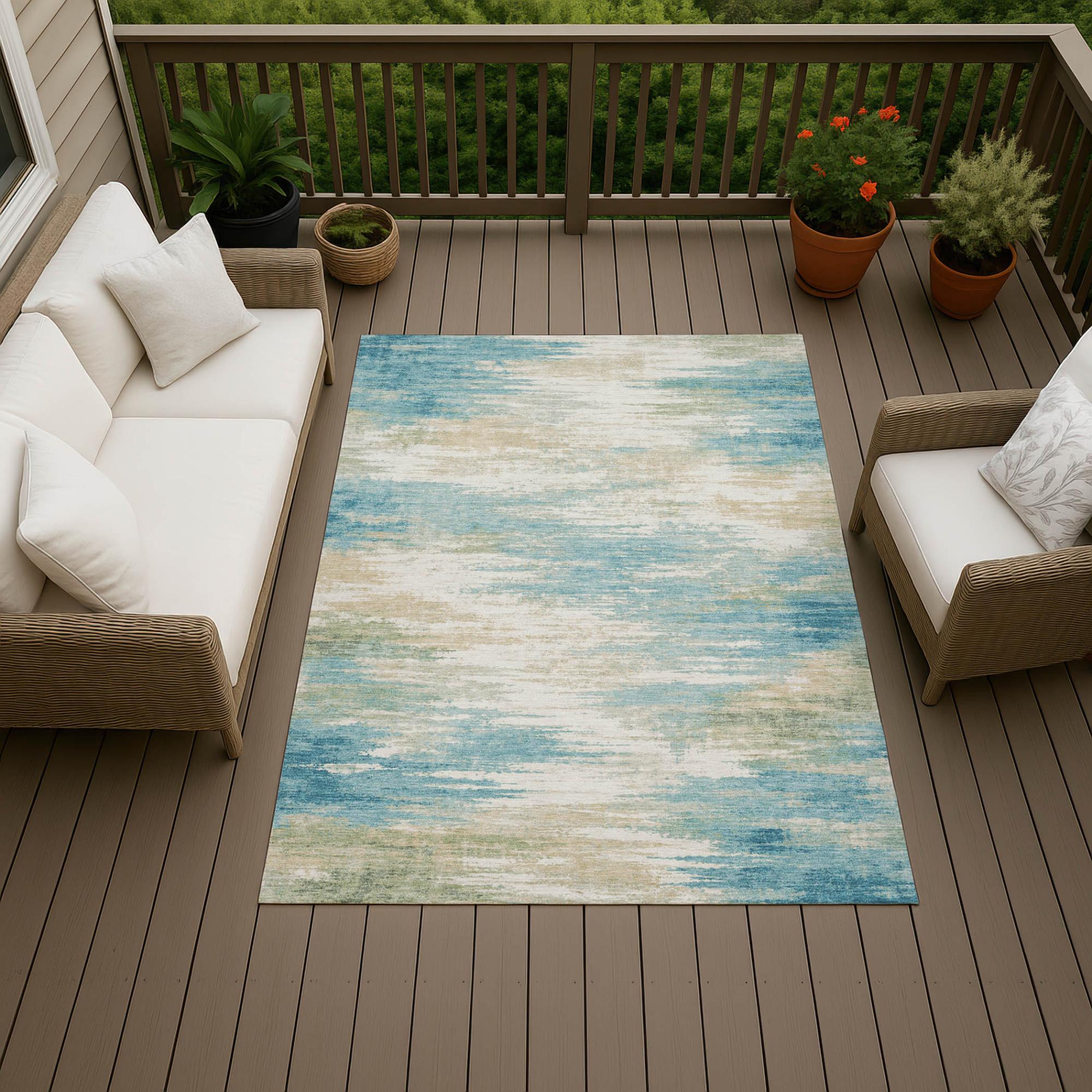 8' X 10' Teal Blue And Blue Abstract Washable Indoor Outdoor Area Rug Homeroots Outdoor