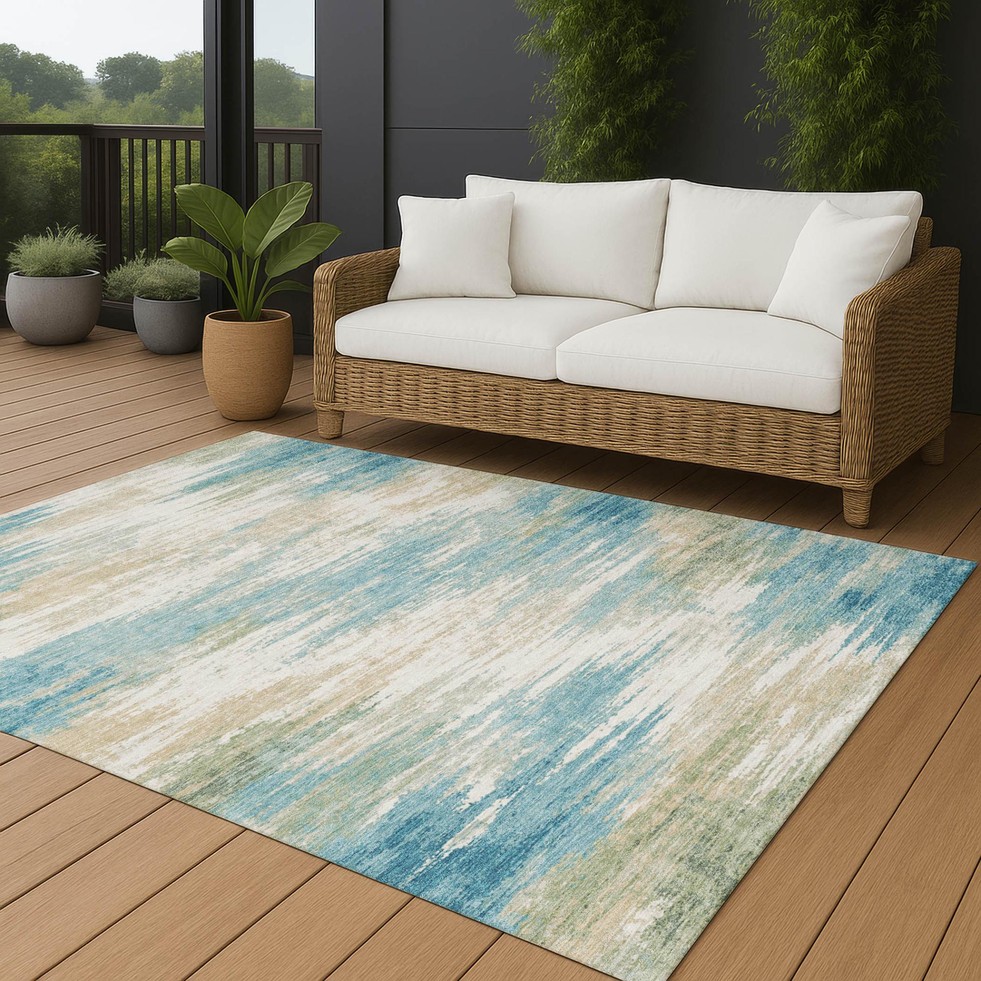 8' X 10' Teal Blue And Blue Abstract Washable Indoor Outdoor Area Rug Homeroots Outdoor