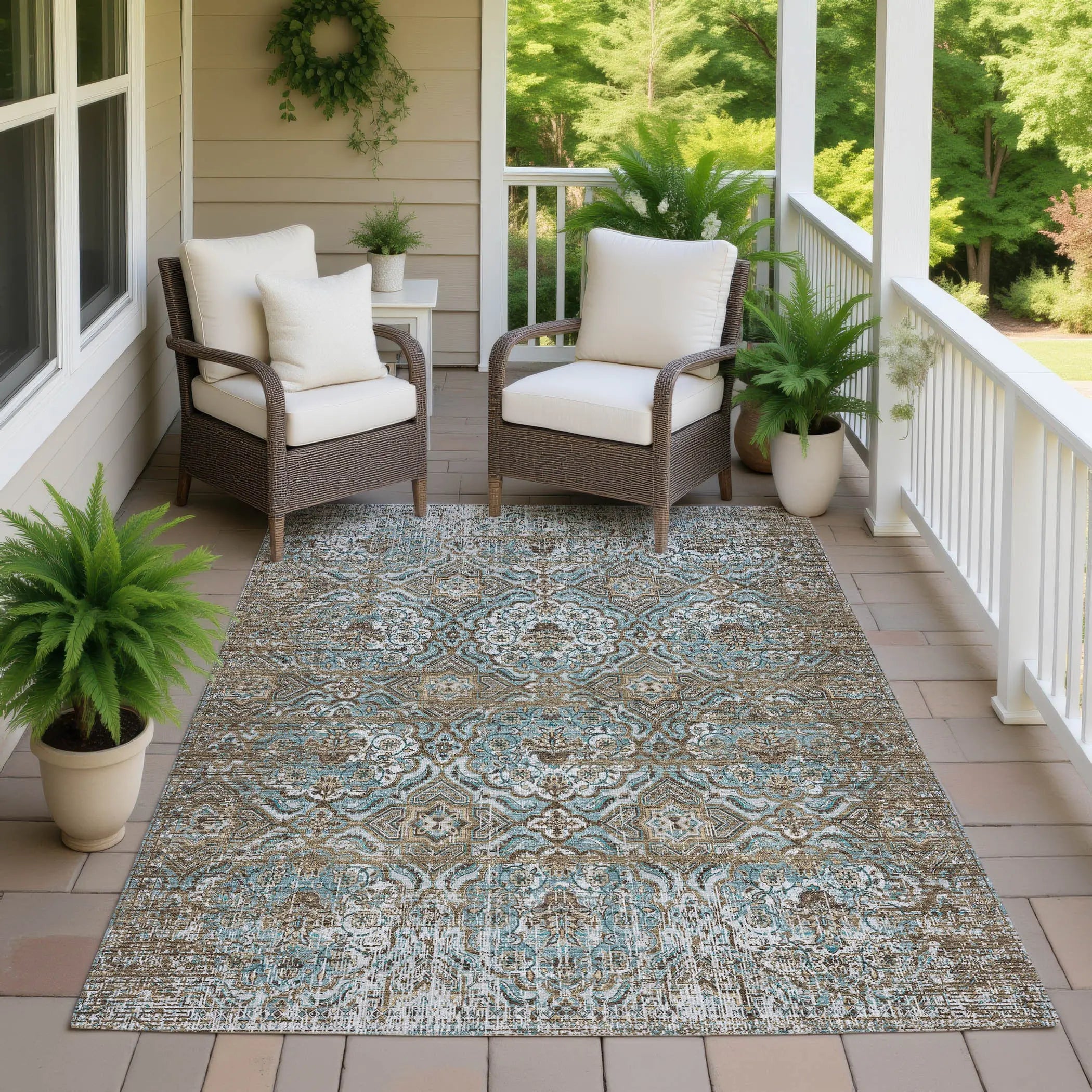 8' X 10' Teal Blue And Blue Floral Washable Indoor Outdoor Area Rug Homeroots Outdoor