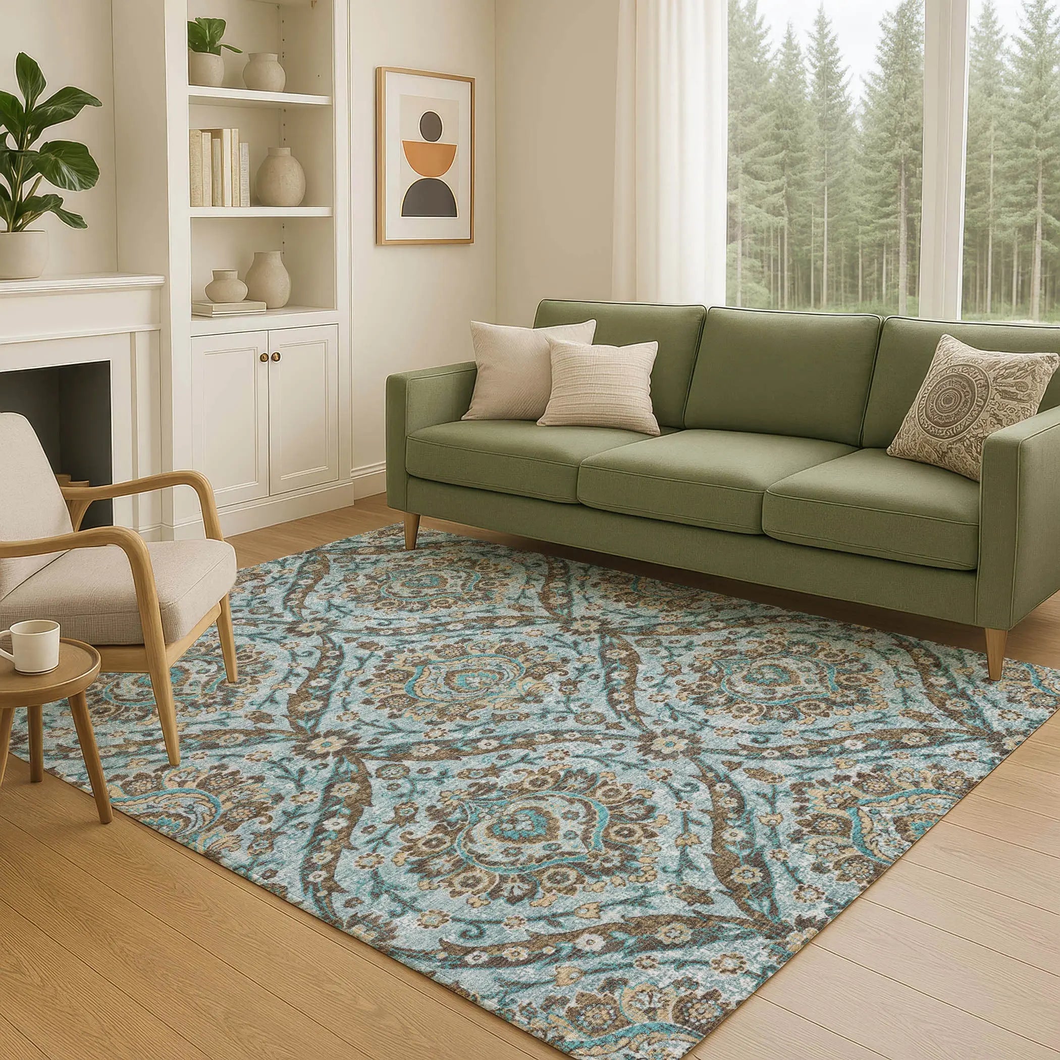 8' X 10' Teal Blue And Blue Floral Washable Indoor Outdoor Area Rug Homeroots Outdoor