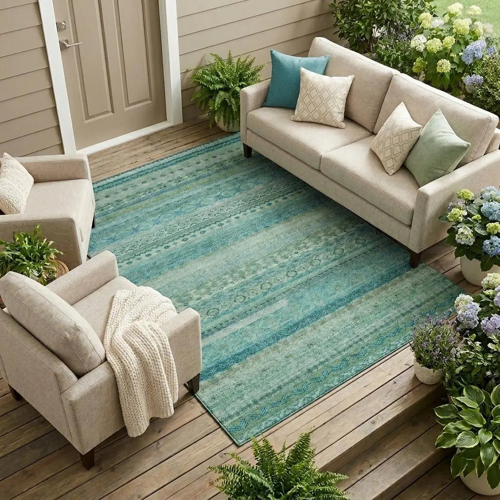 8' X 10' Teal Blue And Blue Striped Washable Indoor Outdoor Area Rug Homeroots Outdoor