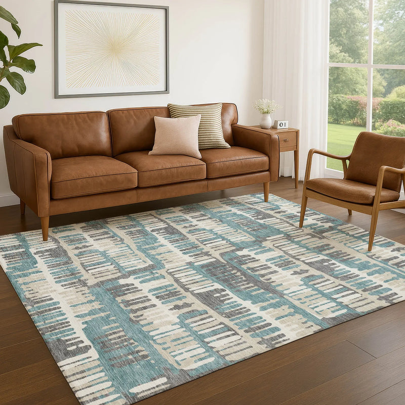 8' X 10' Teal Blue And Brown Abstract Washable Indoor Outdoor Area Rug Homeroots Outdoor