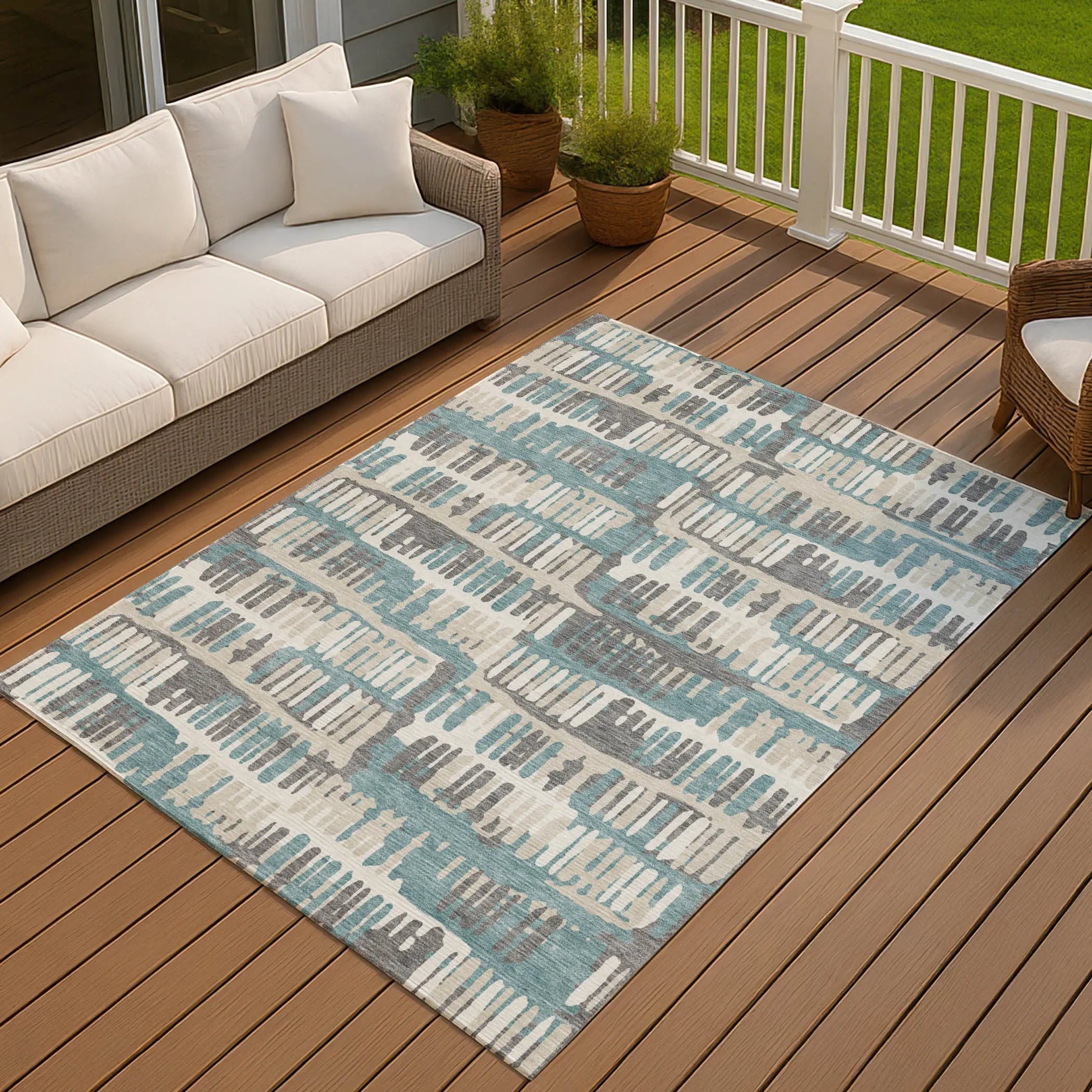 8' X 10' Teal Blue And Brown Abstract Washable Indoor Outdoor Area Rug Homeroots Outdoor