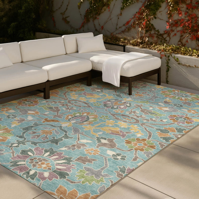 8' X 10' Teal Blue And Brown Floral Washable Indoor Outdoor Area Rug Homeroots Outdoor