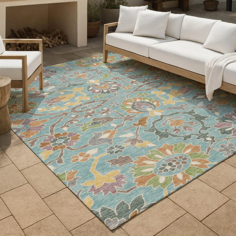 8' X 10' Teal Blue And Brown Floral Washable Indoor Outdoor Area Rug Homeroots Outdoor