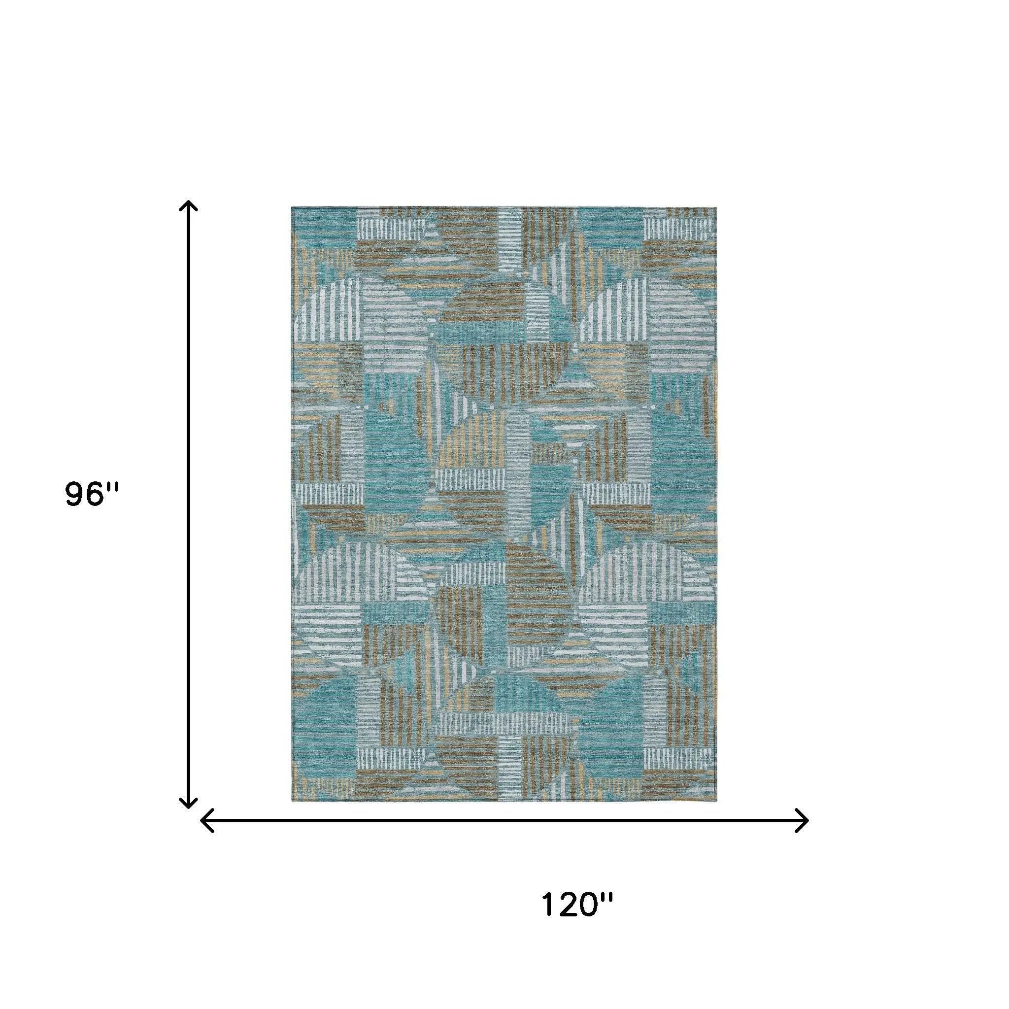 8' X 10' Teal Blue And Brown Geometric Washable Indoor Outdoor Area Rug Homeroots Outdoor