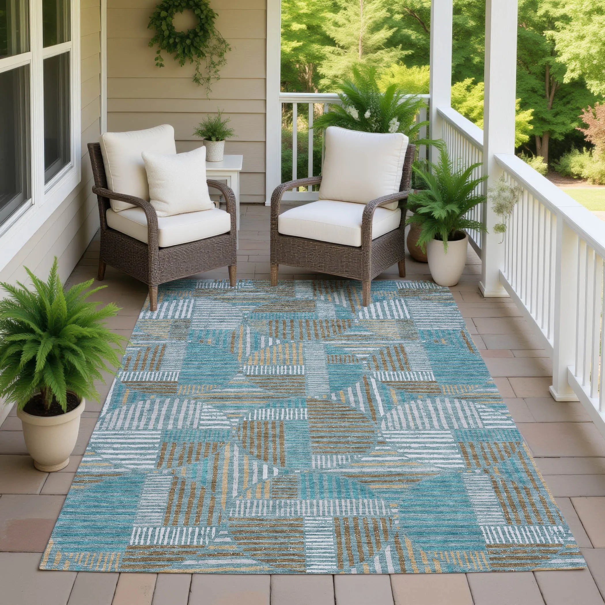 8' X 10' Teal Blue And Brown Geometric Washable Indoor Outdoor Area Rug Homeroots Outdoor