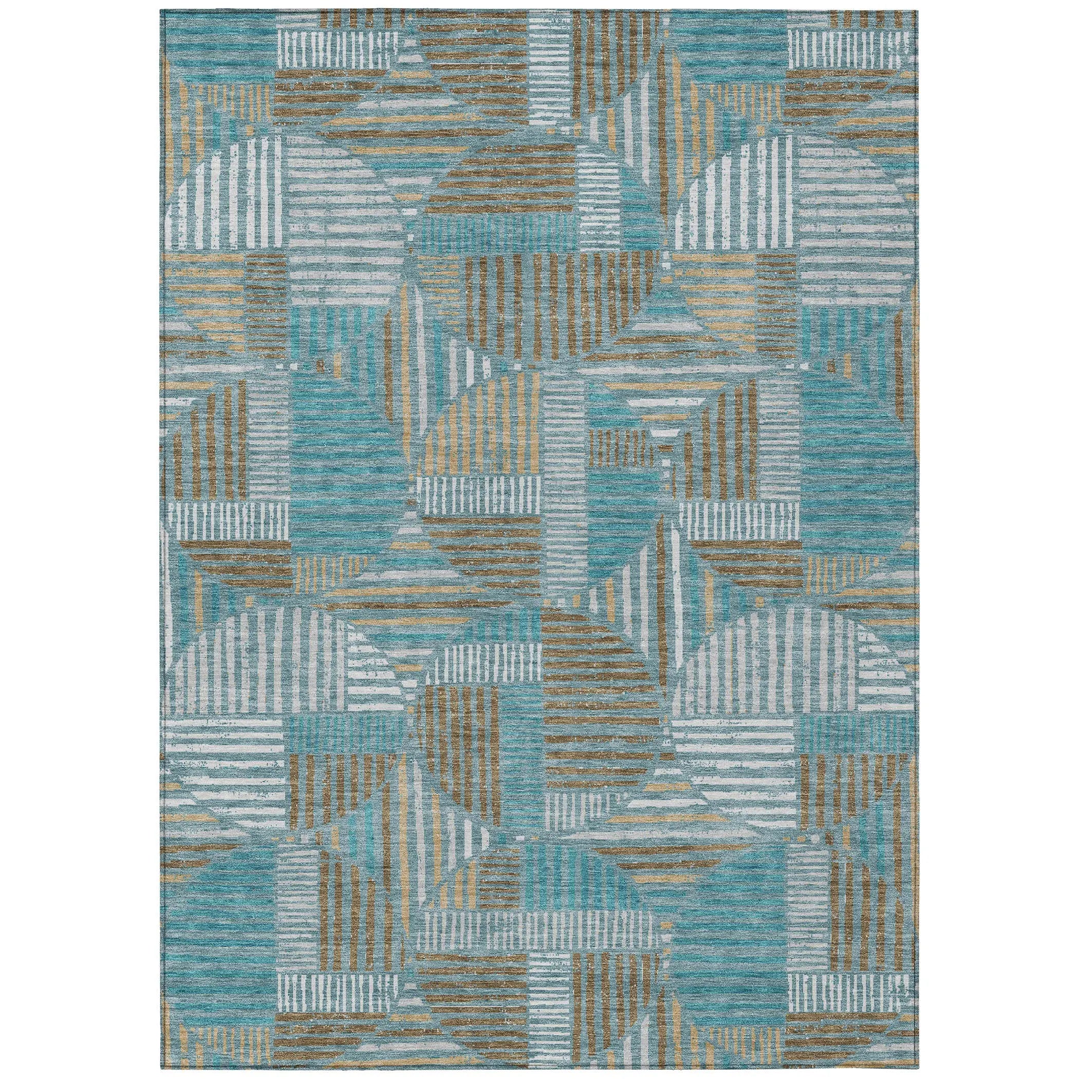 8' X 10' Teal Blue And Brown Geometric Washable Indoor Outdoor Area Rug Homeroots Outdoor