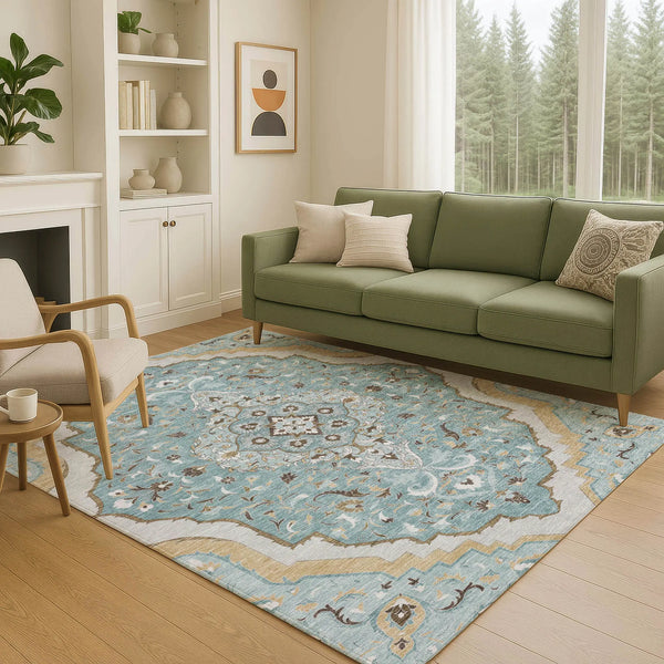 8' X 10' Teal Blue And Brown Medallion Washable Indoor Outdoor Area Rug Homeroots Outdoor